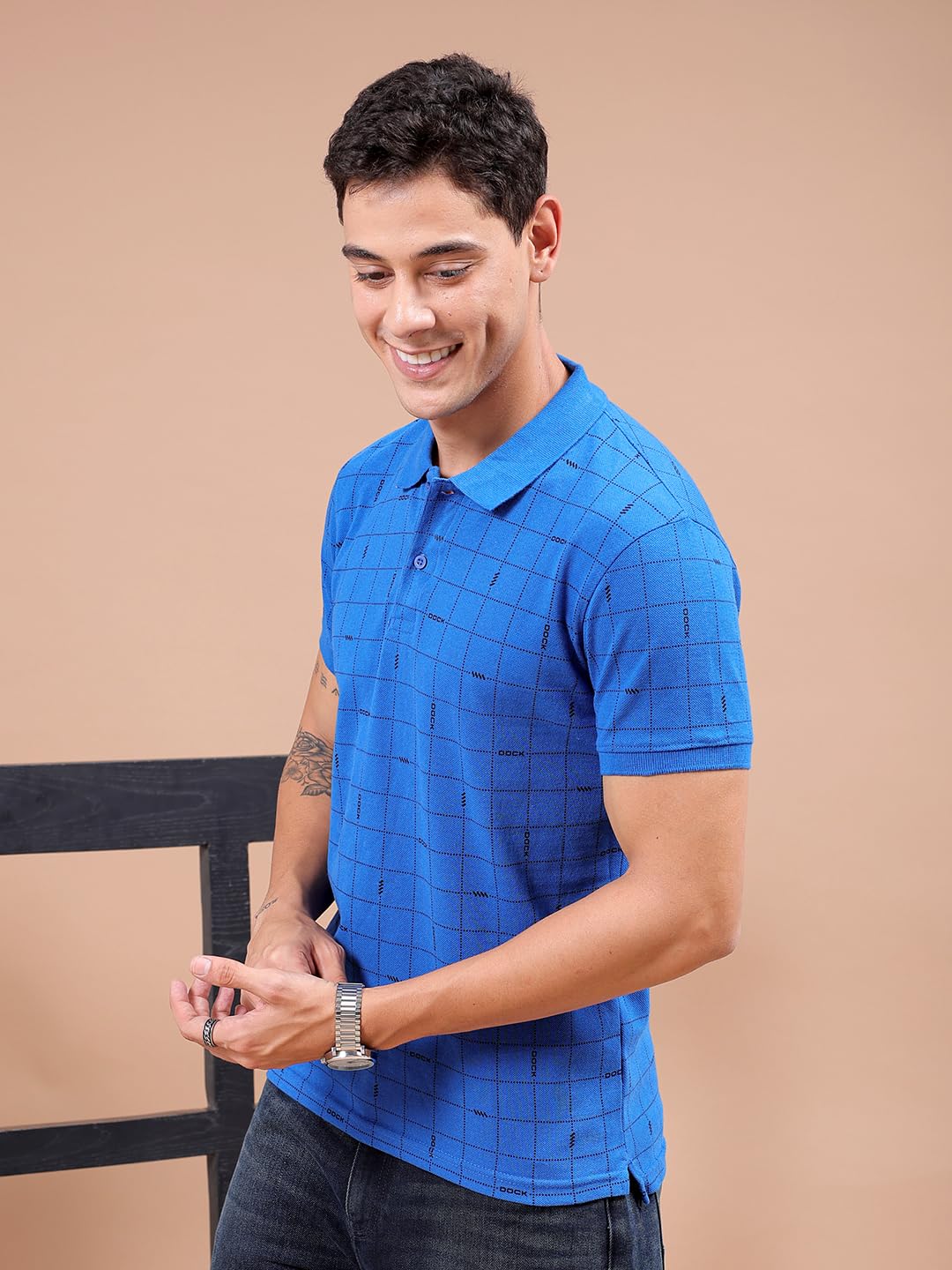 The Indian Garage Co Men Slim Fit Checked Polo Collar Tshirt Cobalt Blue