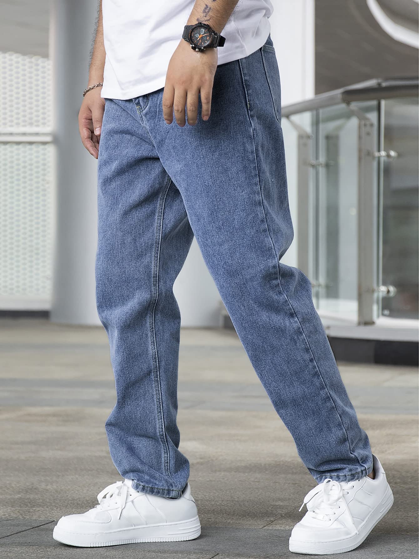 AVANOVA Mens Dark Blue Slant Pocket Wide Leg Jeans Casual Loose Fit Denim Pants, Cotton Blend Trousers with Slant Pockets for D