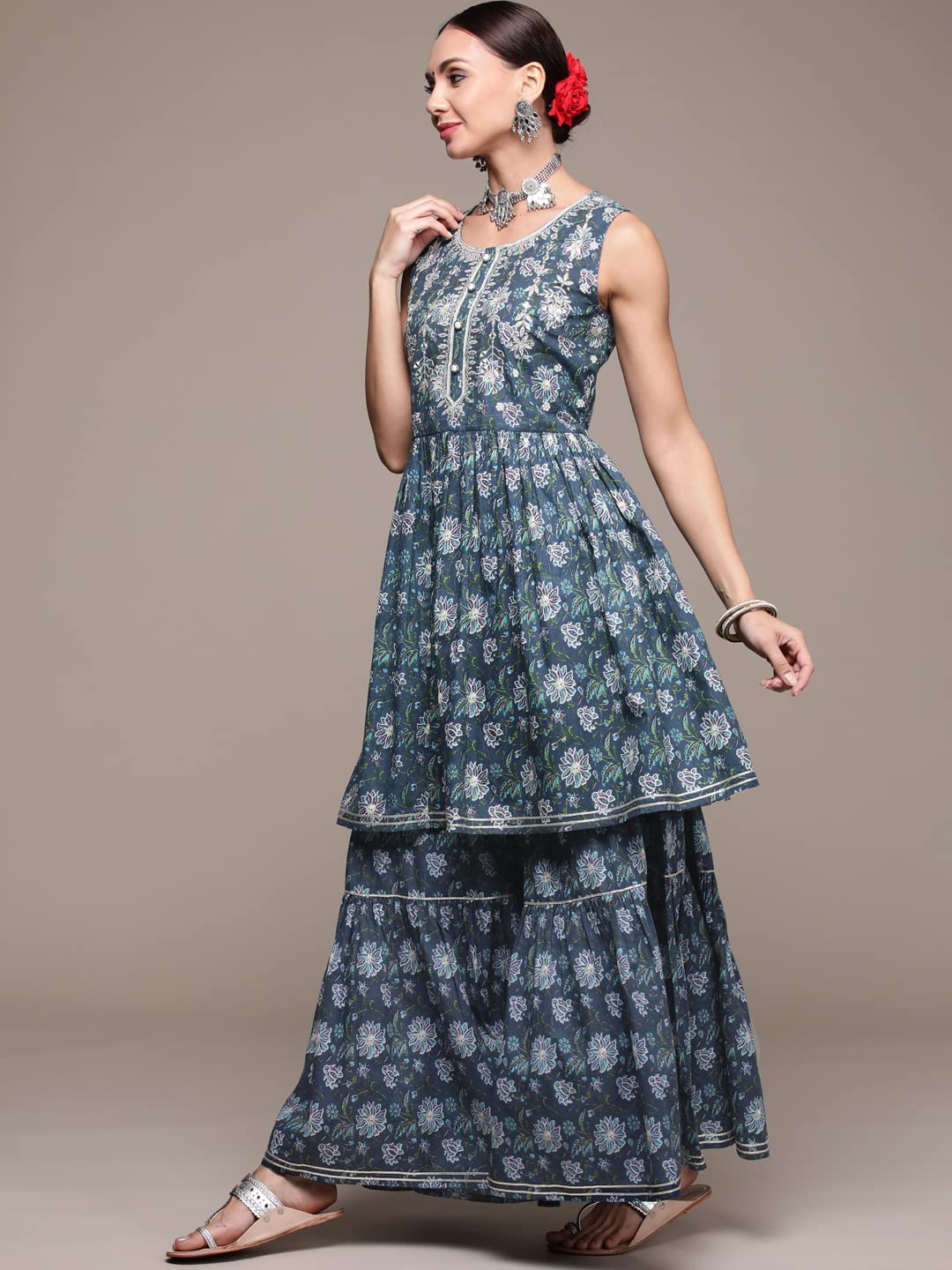 anubhutee Women's Cotton Navy Blue Floral Printed A-Line Kurta Suit Set with Sharara and Dupatta