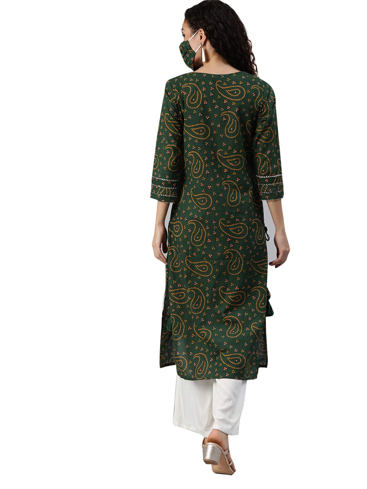 ishin Women's Cotton A-Line Embellished Gotta Patti Bandhani Print Green Kurti