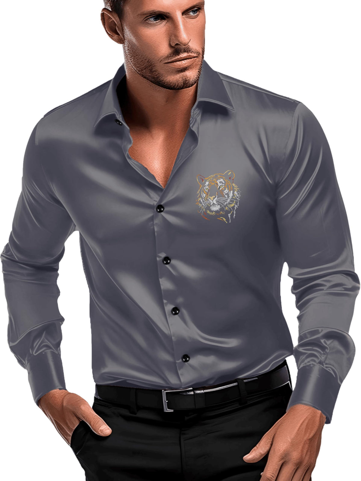 Indoprimo MenS Satin Stylish Club Wear Tiger Diamond Print Shirt Full Sleeve Darkgrey
