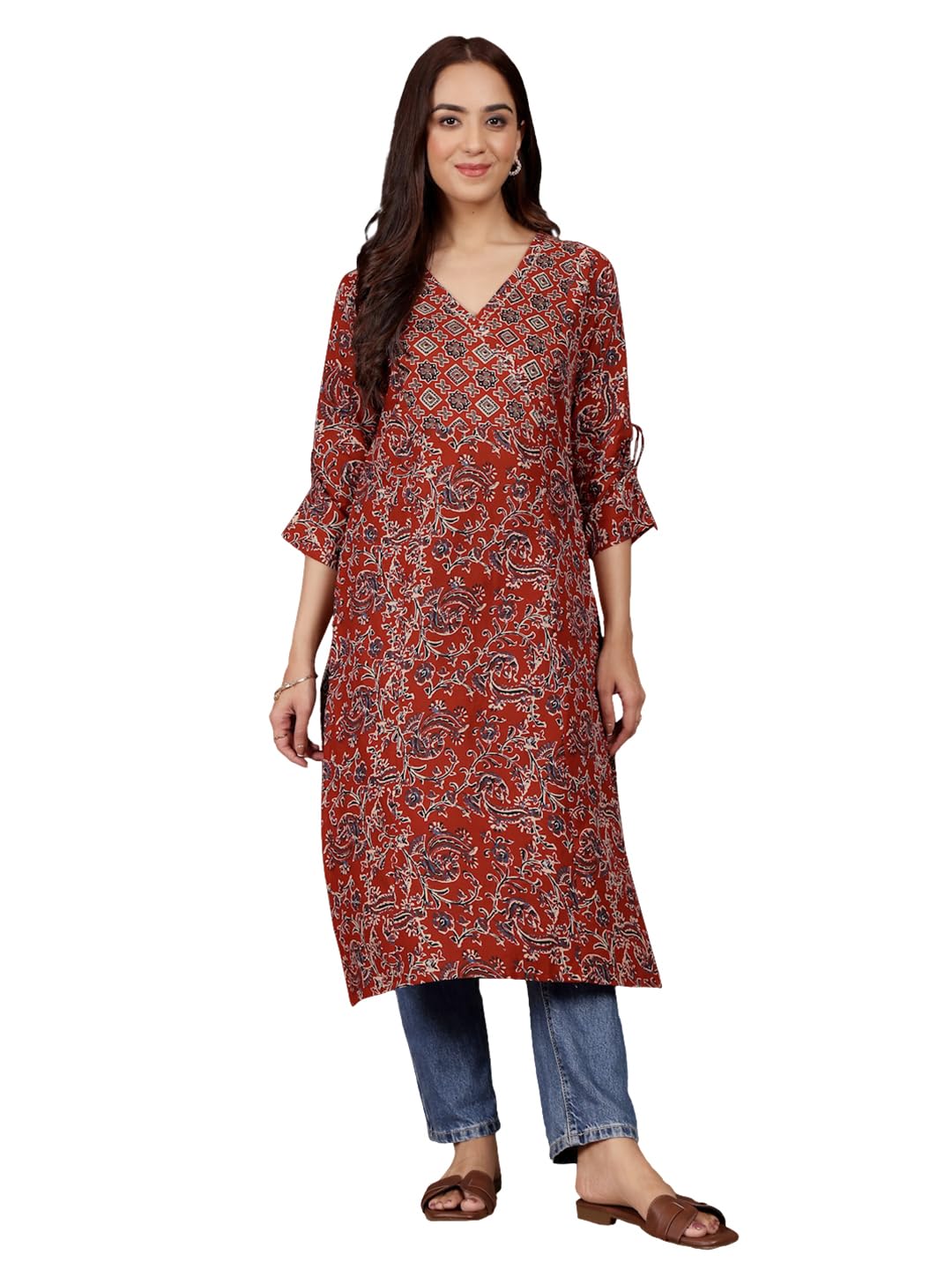 Varanga Women Ethnic Jaipuri Printed V Neck Fashion Sleeve Straight Kurta Red