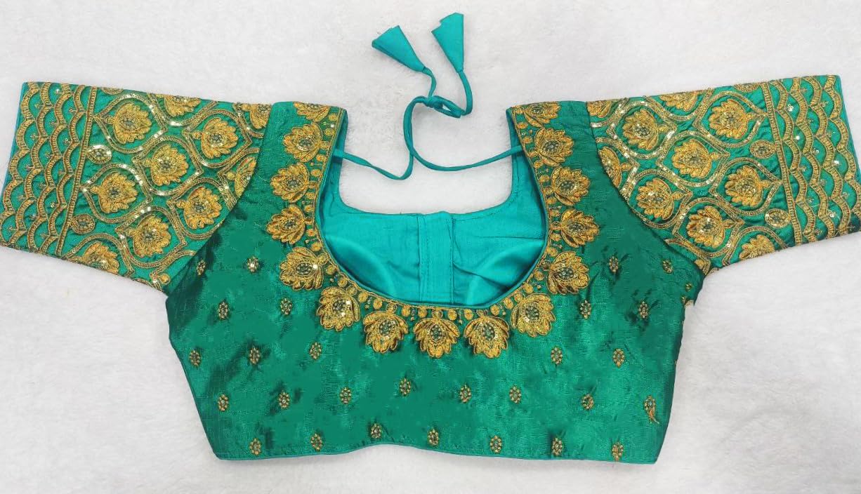 Pujia Mills WomenS Phantom Silk Golden Jari Embroidery With Codding Sequin Work Blouse Heavy Sequence Work Blouses Half Sleeve