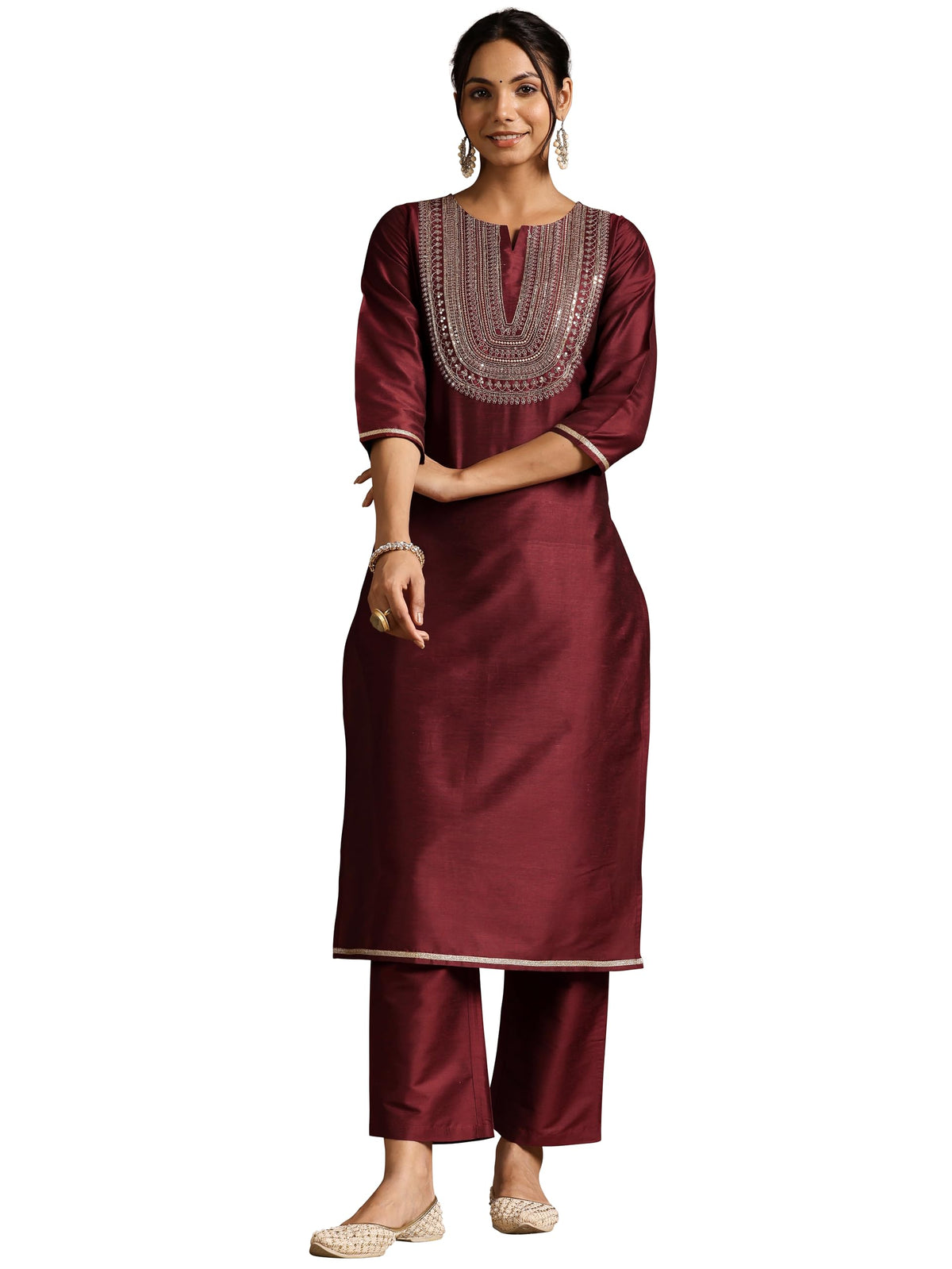 Libas Womens Yoke Design Silk Blend Straight Kurta With Trousers
