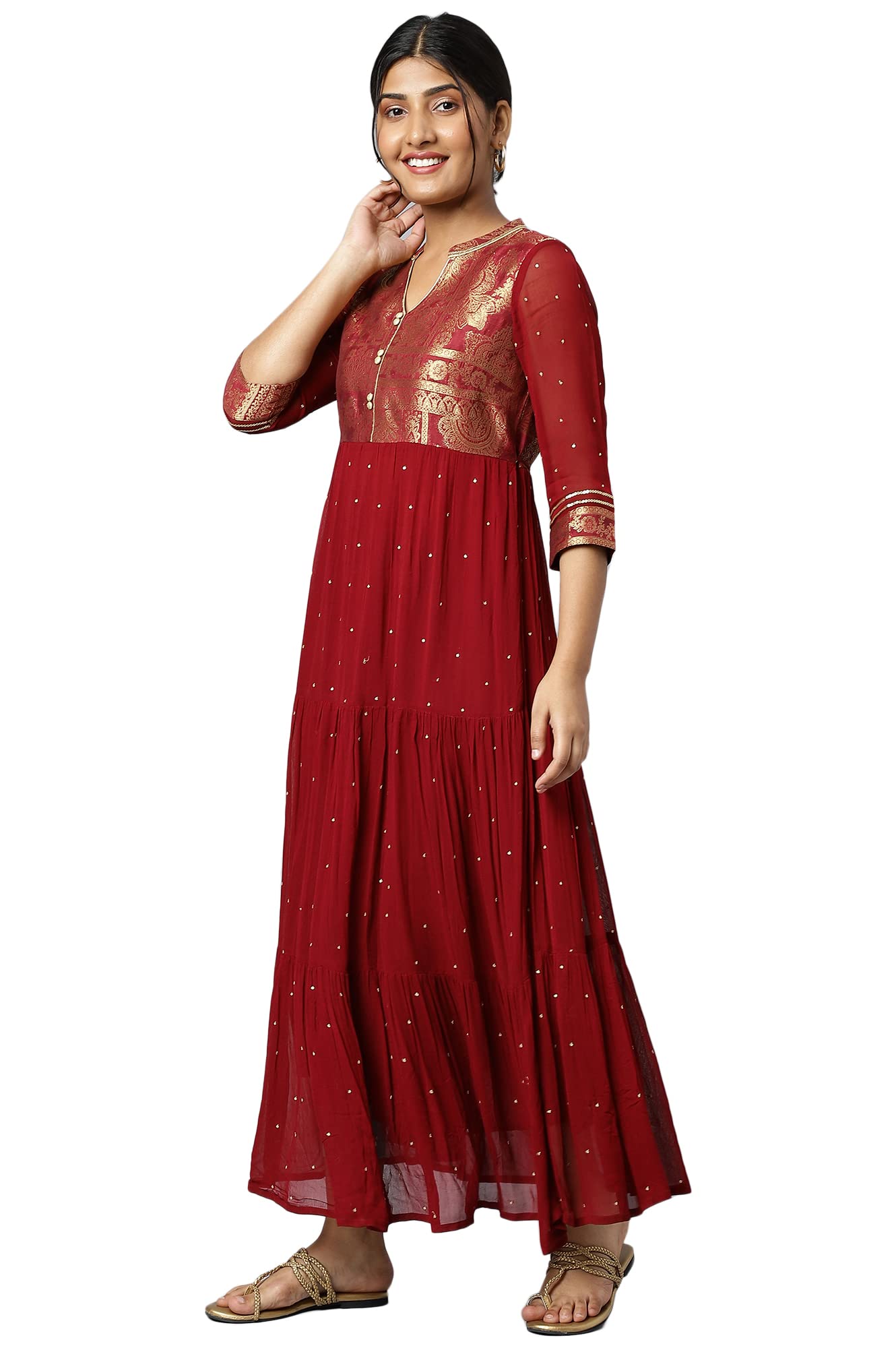 Aurelia Maroon Ethnic Motif Tiered Dress