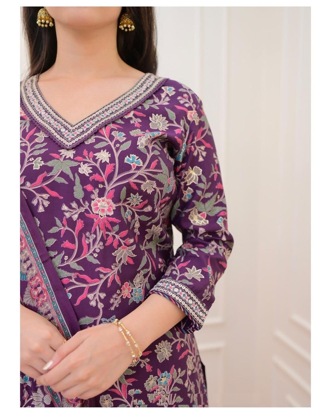 Nermosa Women Embroidery and Printed V-Neck Kurta and Pant Set with Dupatta