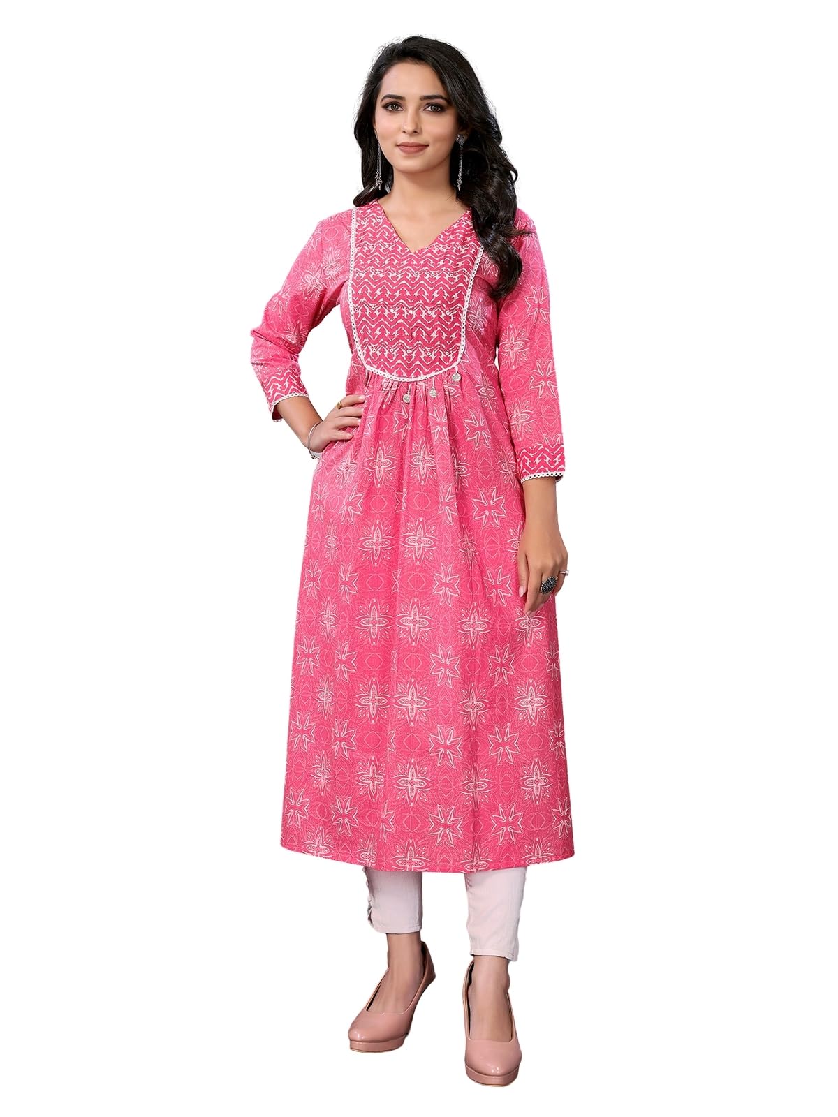 Rangita Pink Cotton Calf Length Embroidered A-Line Kurti | Kurta For Women_M