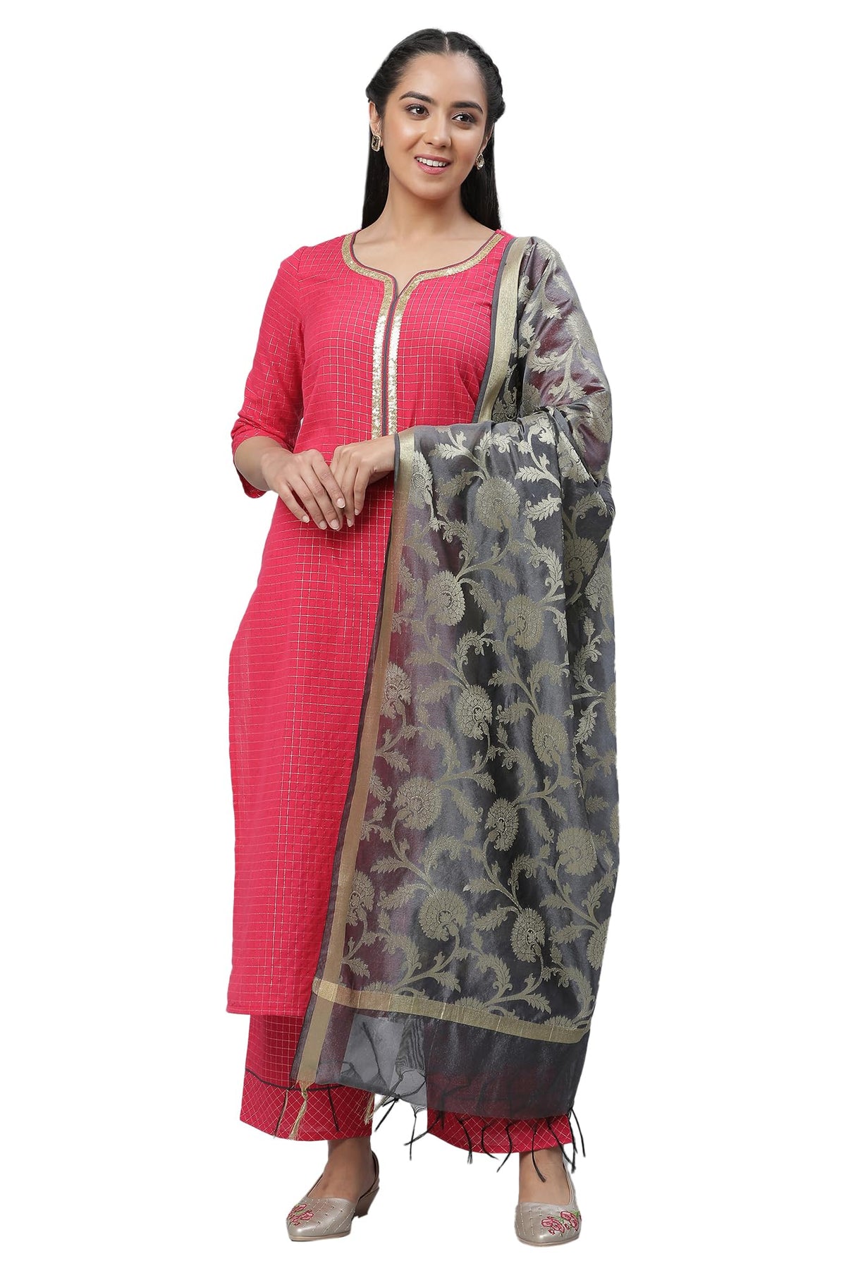Aurelia Pink Checked Cotton Lace Kurta Dupatta Bottomwear Set