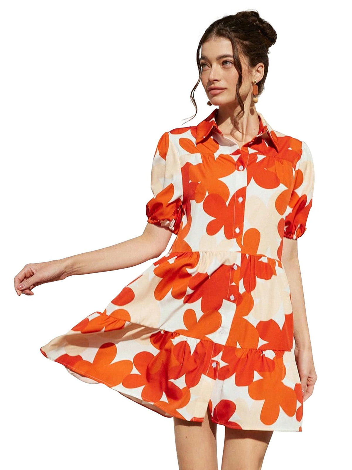 Shasmi WomenS Rust Orange Flower Print Short Sleeve Button Front All-Over Printed Dresses, Ruffle Hem Smock Dress For Woman (16