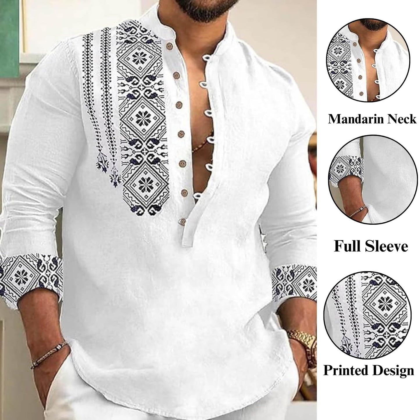 Deemoon MenS Cotton Blend Mandarin Collar Self One Design Full Sleeve Casual Short Kurta White