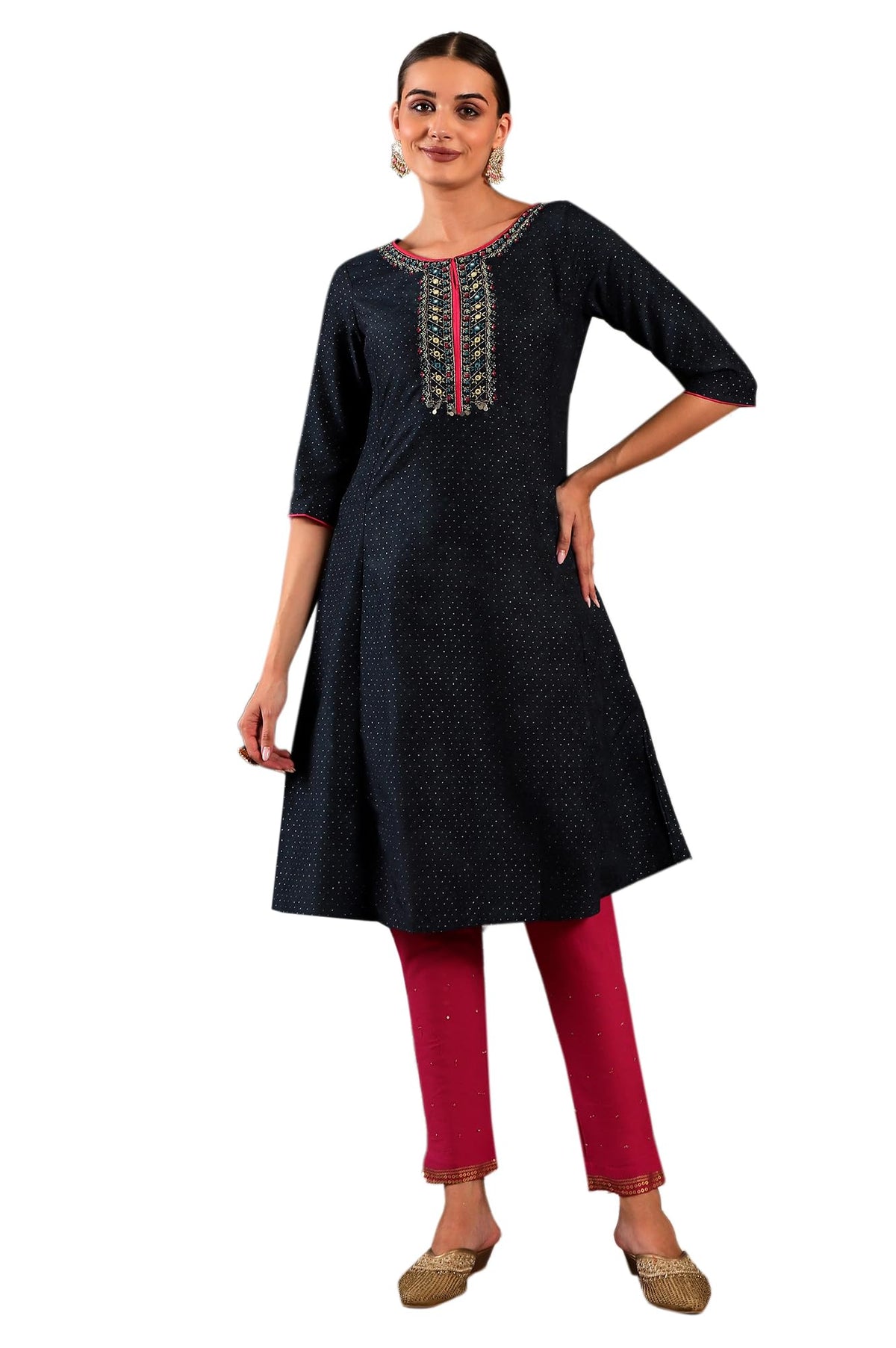W For Woman Dark Blue Synthetic Polka Dot Regular Kurta With Glitter