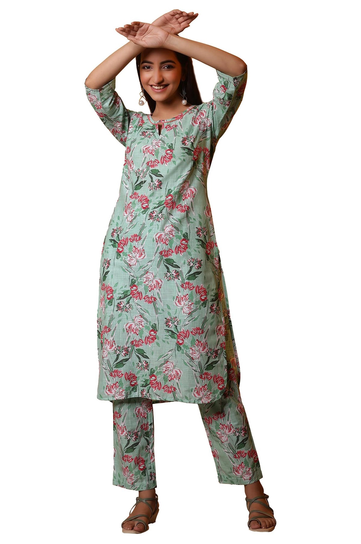 Aurelia Womens Floral Print Rayon Co-Ord Kurta Set with Trousers