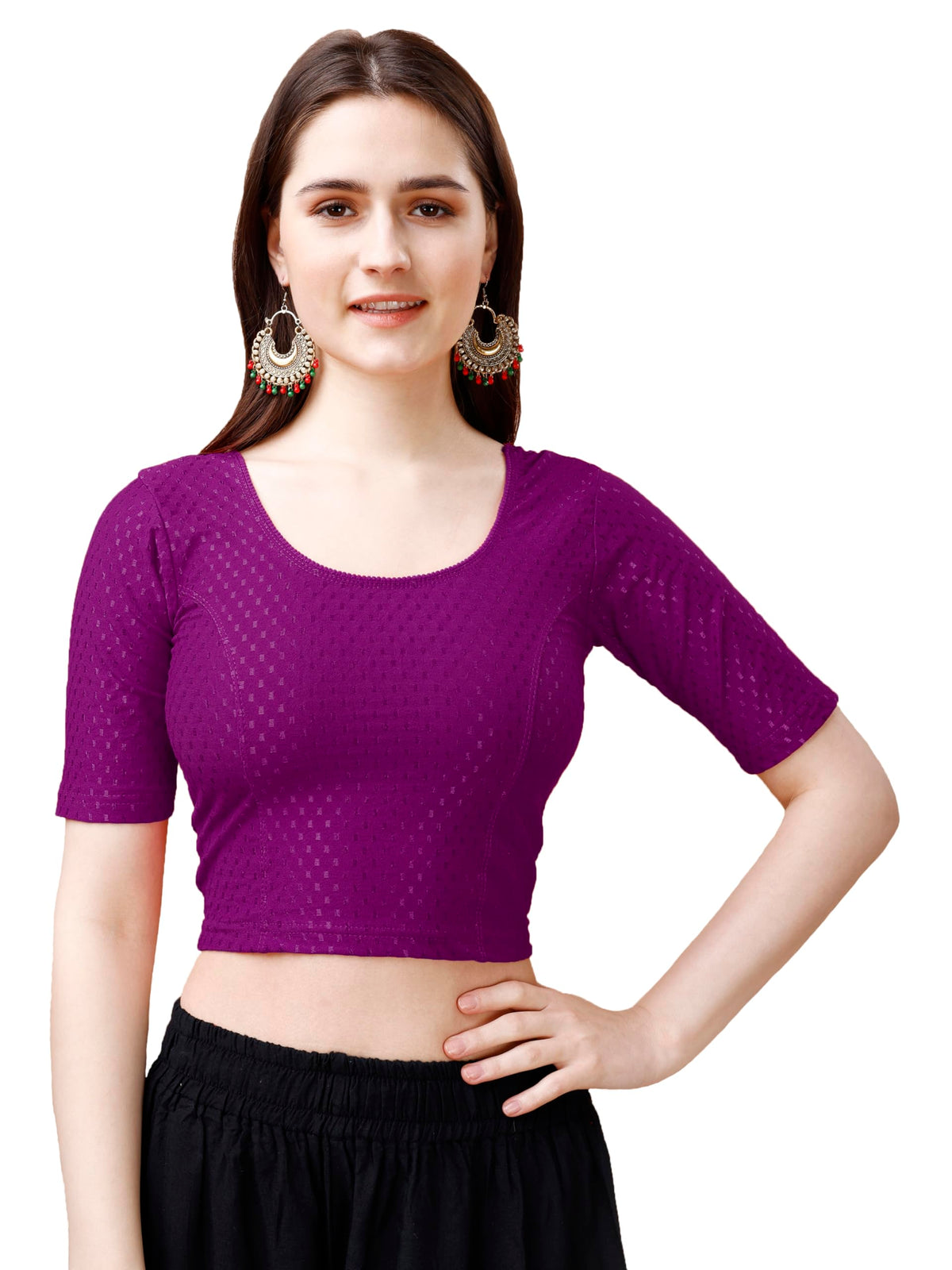 Pujia Mills WomenS Readymade Dobby Cotton Lycra Stretchable Round Neck Half Sleeve Blouse Fancy Wine Color Lycra Stretchable Bl