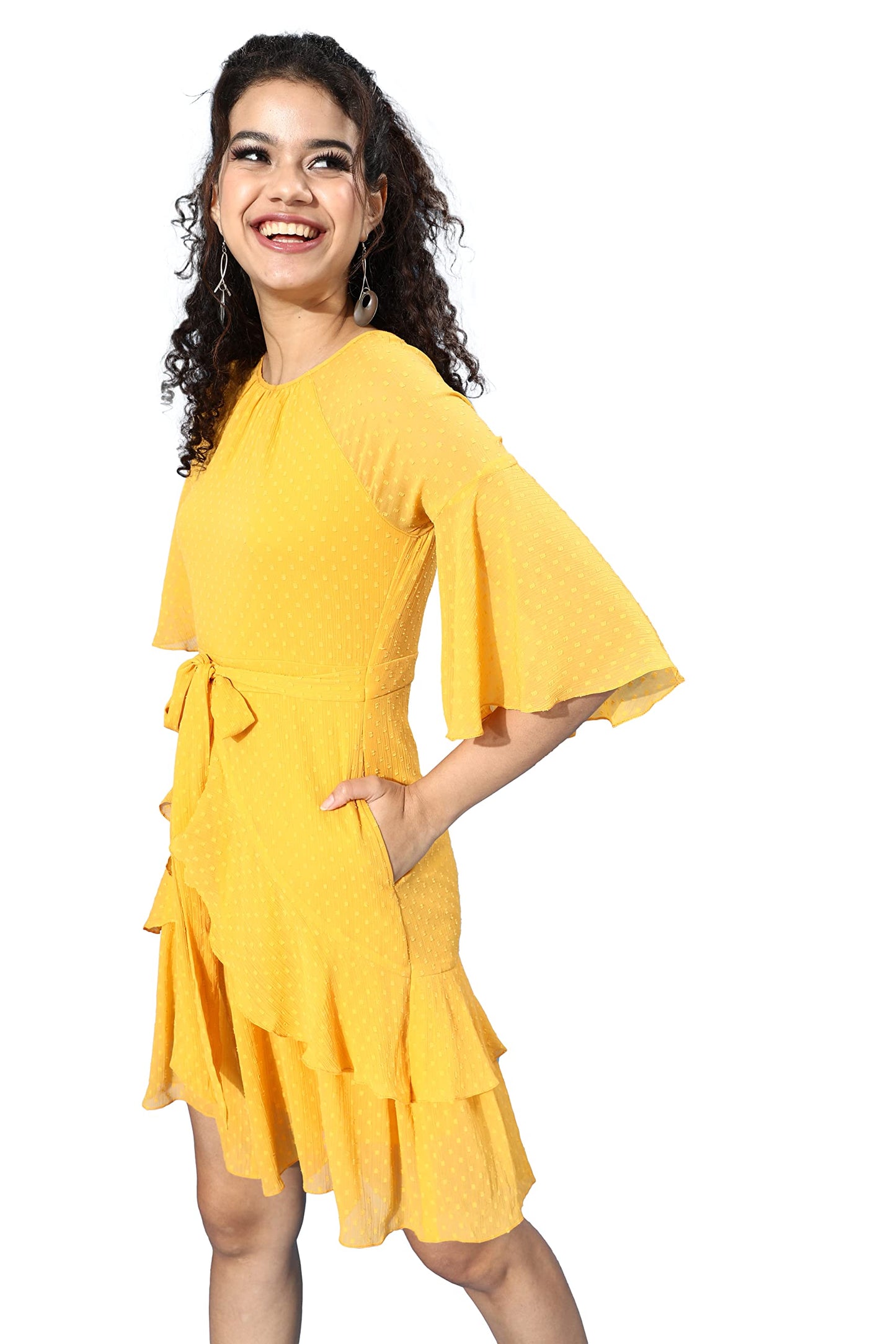Miss Chase Womens Round Neck Ruffled Sleeve Solid Ruffled Midi Dress (MCAW21D13-41-183-03, Mustard-Yellow, S)