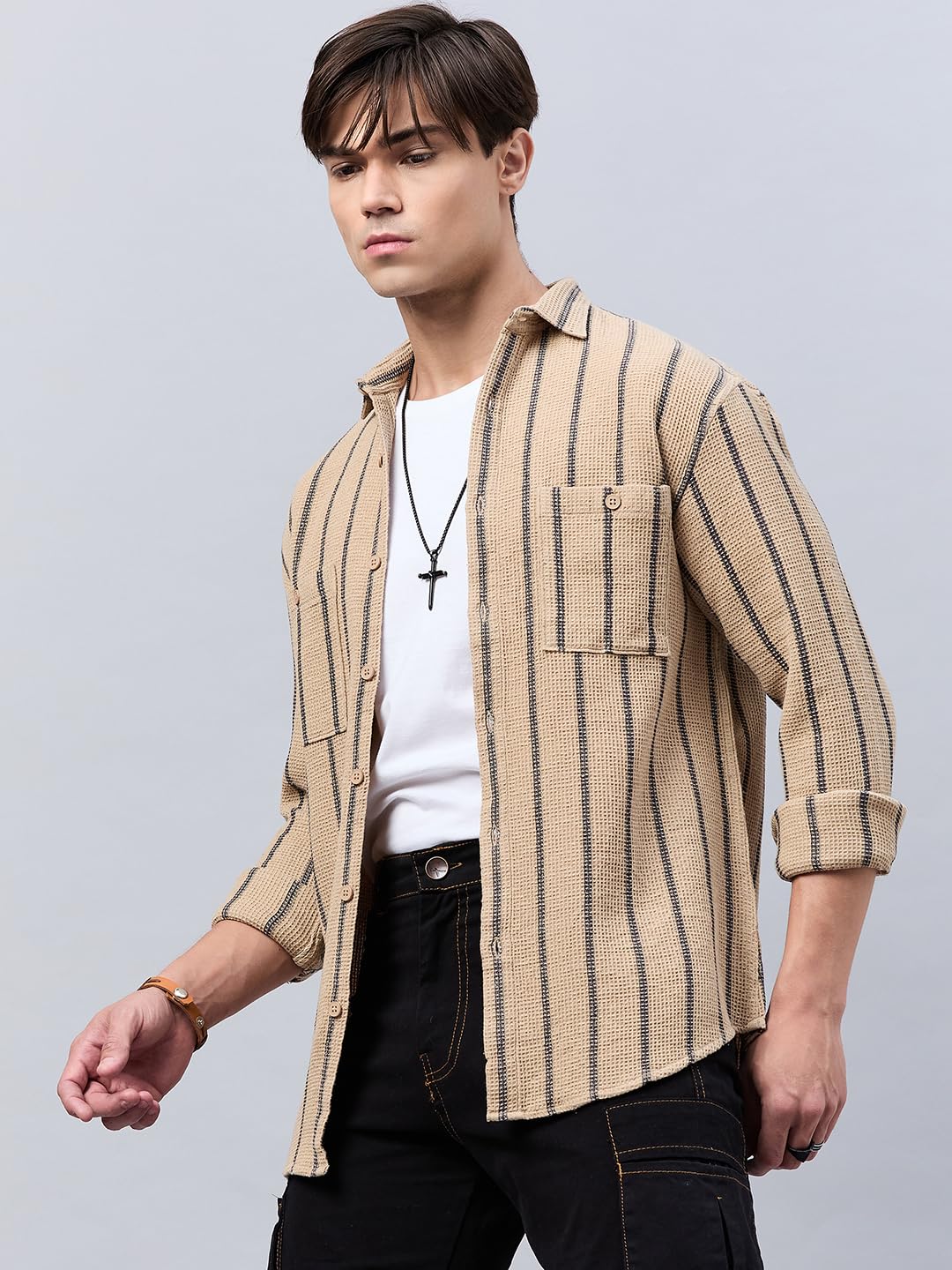 Style Quotient Men Khaki Stripe Textured Solid Shirt