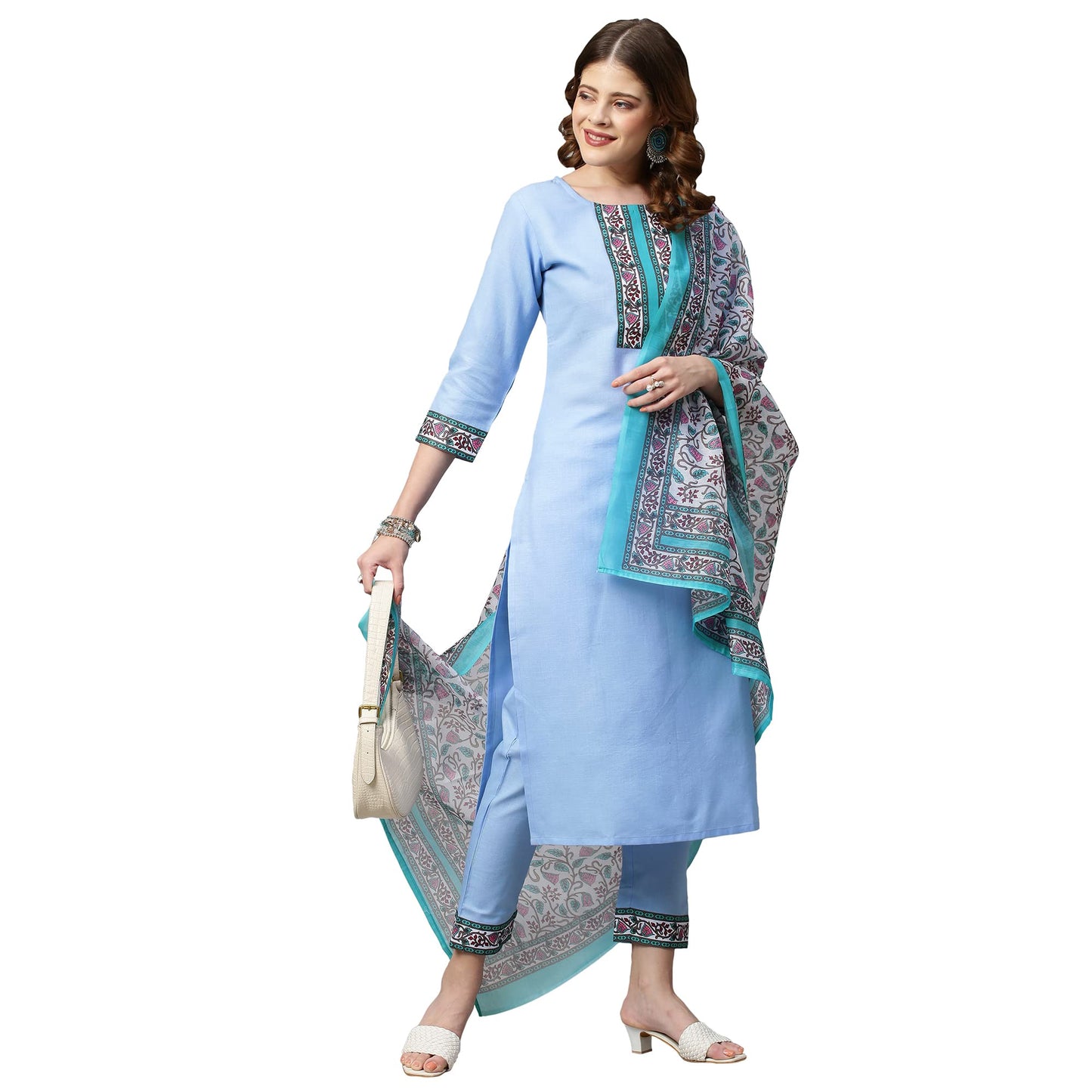 ANNI DESIGNER Womens Polycotton Straight Kurta with Pant & Dupatta (Karan Blue_L_Blue_Large)