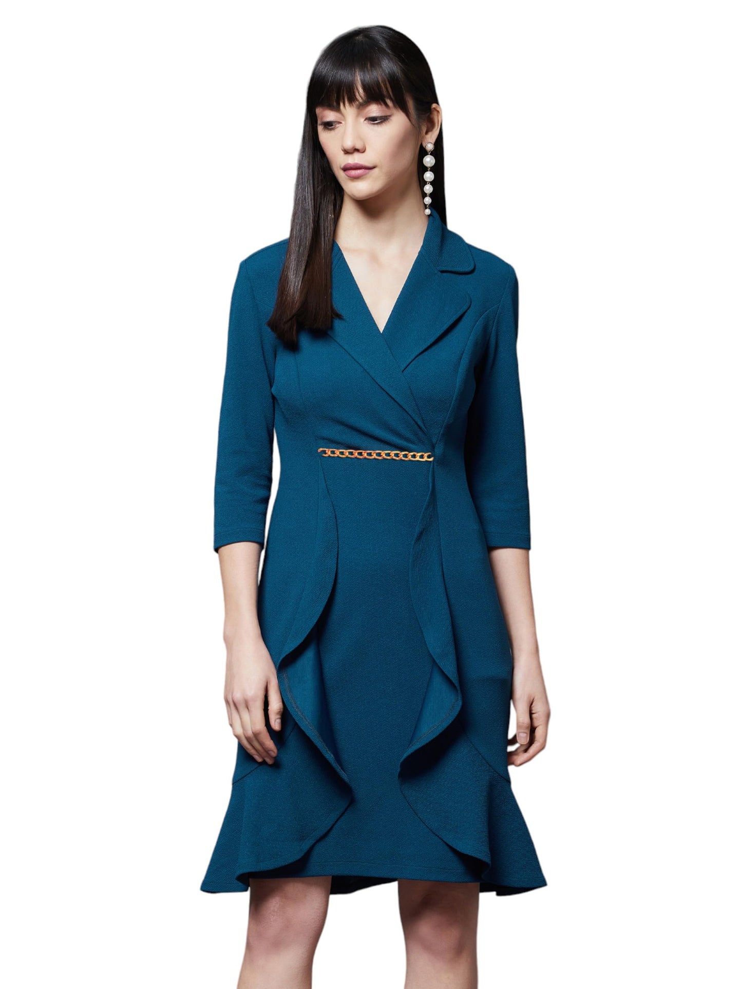 Miss Chase Womens Solid Notched Collar 3/4 Sleeve Dress (MCSS23D16-33-83-03, Teal, S)