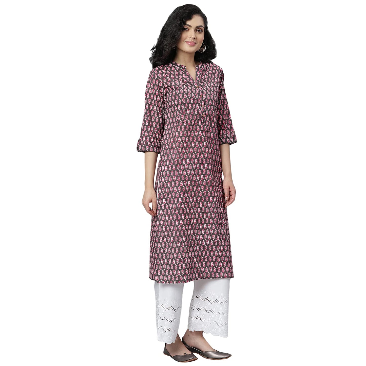 Stylum Women's Printed Cotton Slub Straight Kurta (Yellow)