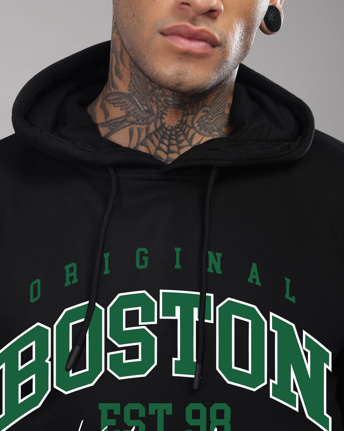ADRO Men's Cotton Neck Hooded Regular Sweatshirt (H24-BOST-BL_Black, Large