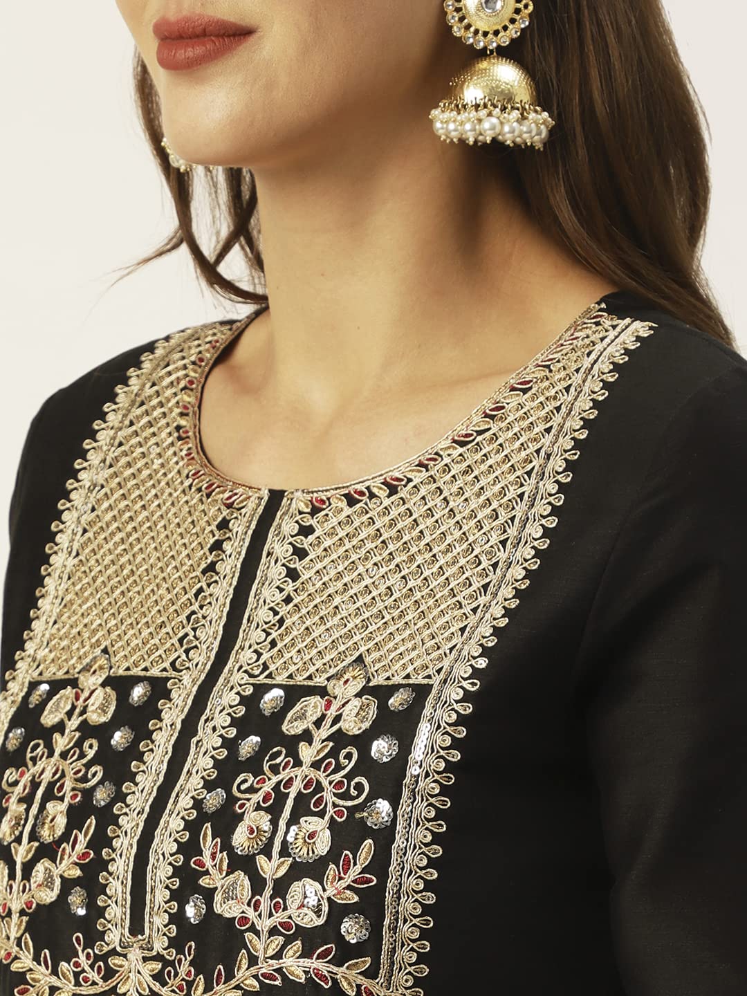 ishin Womens Silk Blend Straight Yoke Design Sequinned Kurta suit set With Dupatta & Trouser