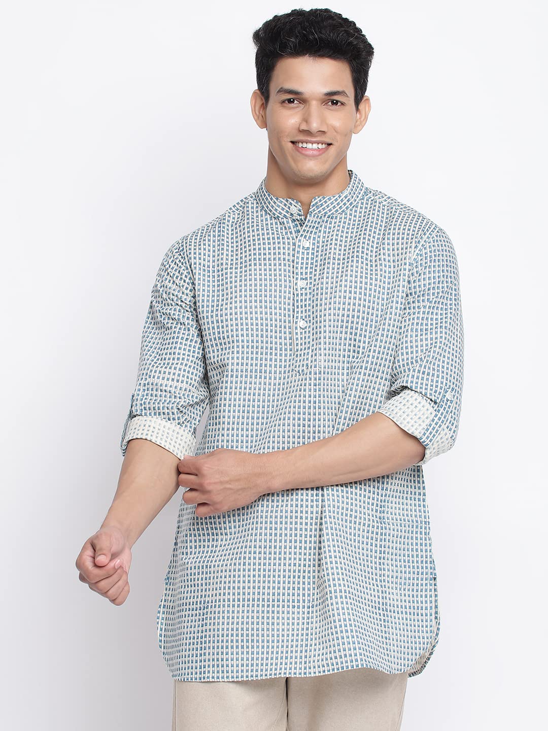 Fabindia Men's Teal Linen Blend Printed Slim Fit Short Kurta