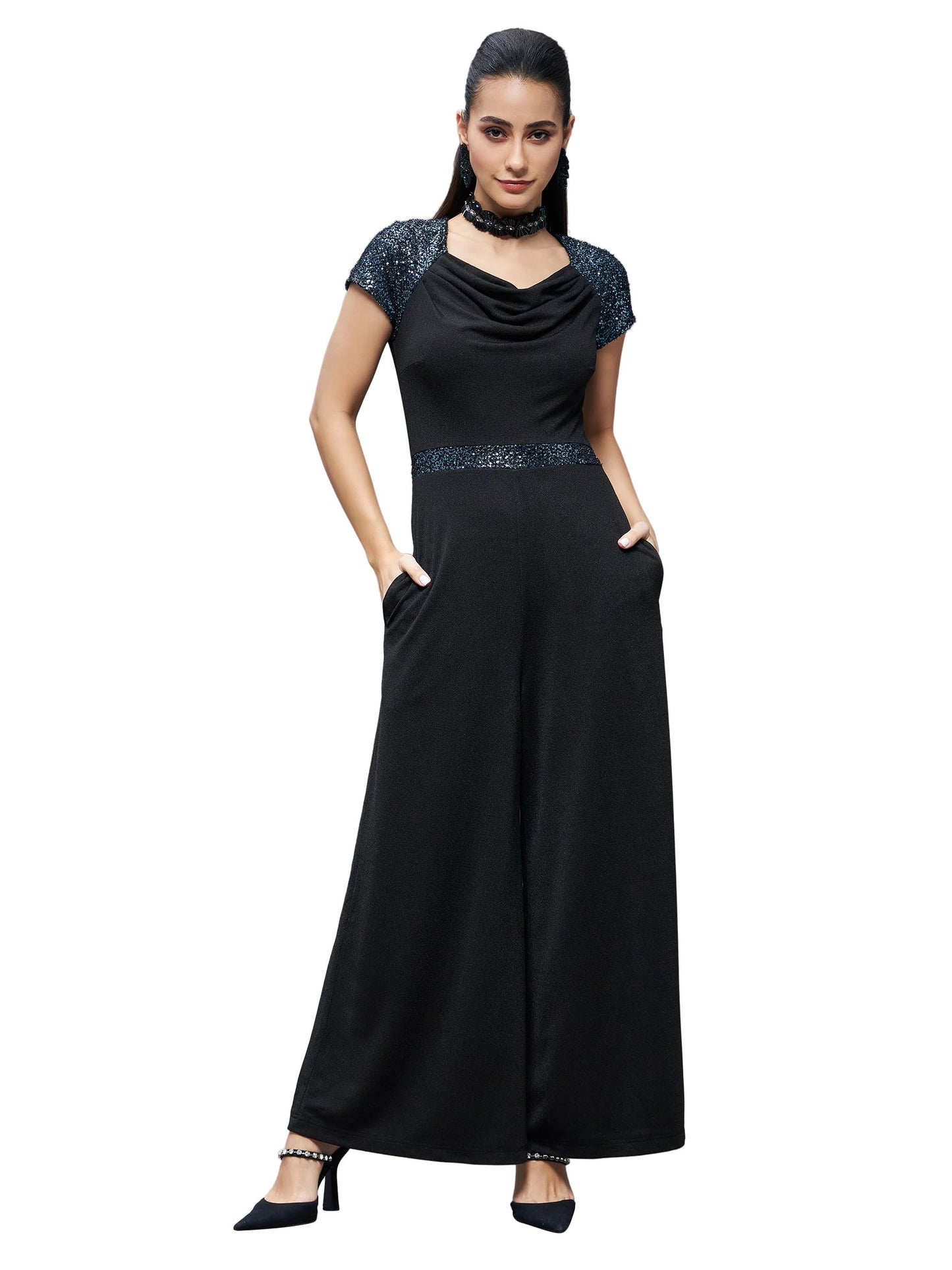 Miss Chase Womens Round Neck Raglan Embellished Sleeve Wide Leg Regular Jumpsuit with Pockets (MCSS23D15-58-62-06, Black, XL)