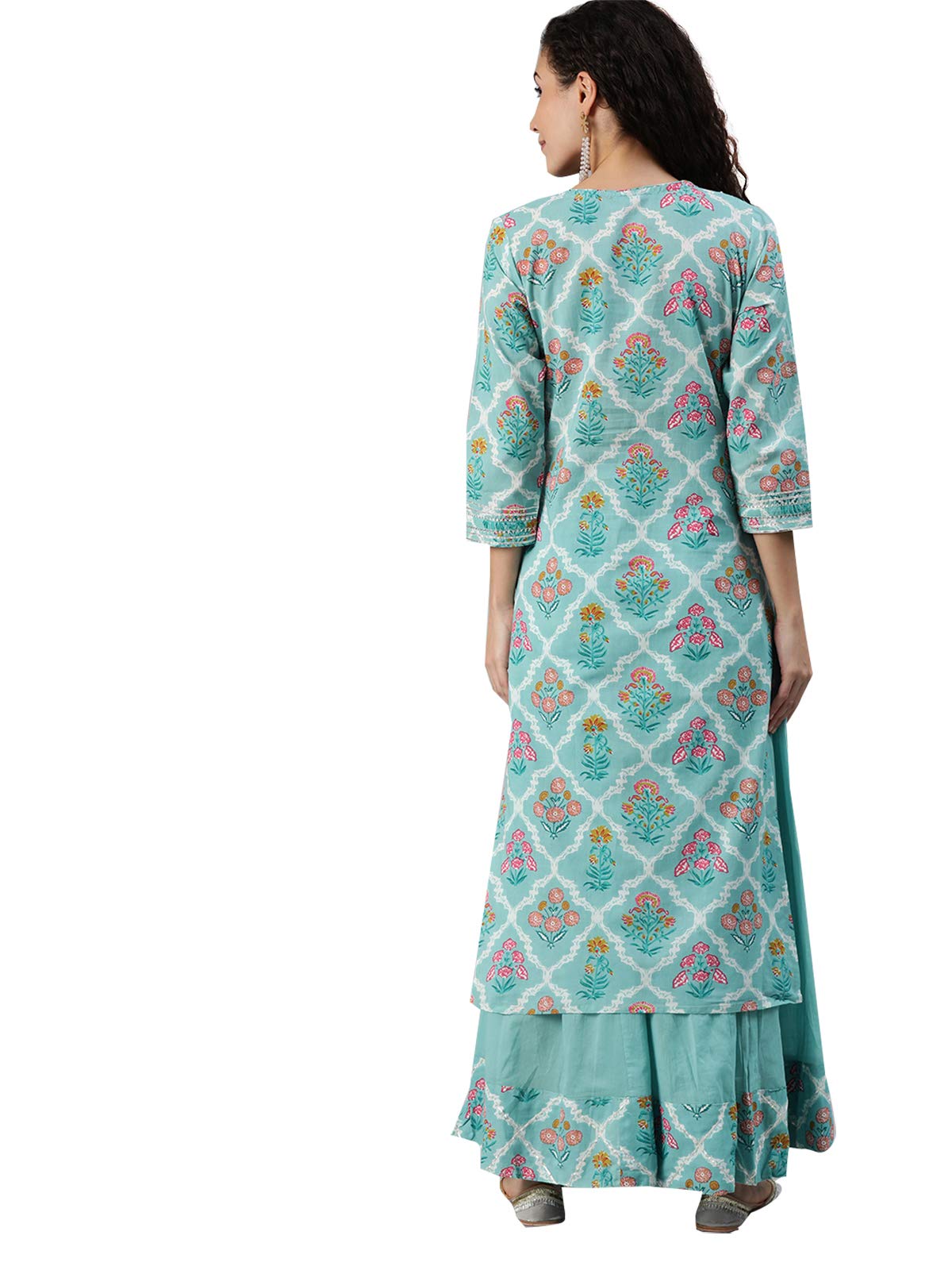 ishin Women's Pure Cotton Blue Zari Embroidered A-Line Kurta Set with Sharara