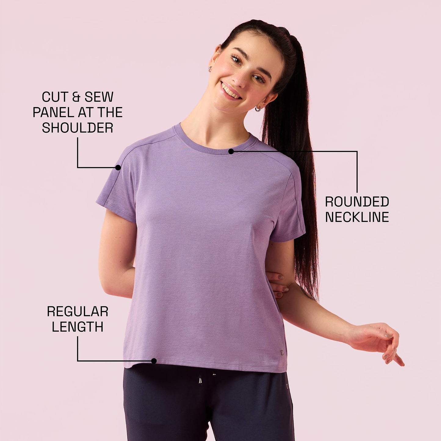 Enamor Womens Solid Relaxed Fit T-Shirt (E306_Chalky Violet Mel