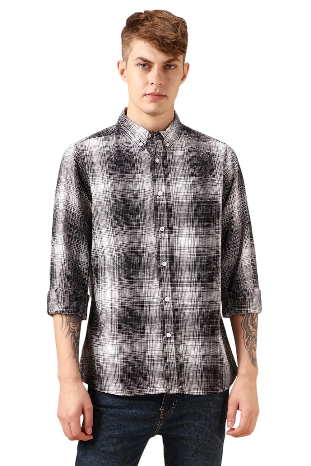Dennis Lingo Men Black 100% Cotton Full Sleeve Button Down Collar Checks Shirts