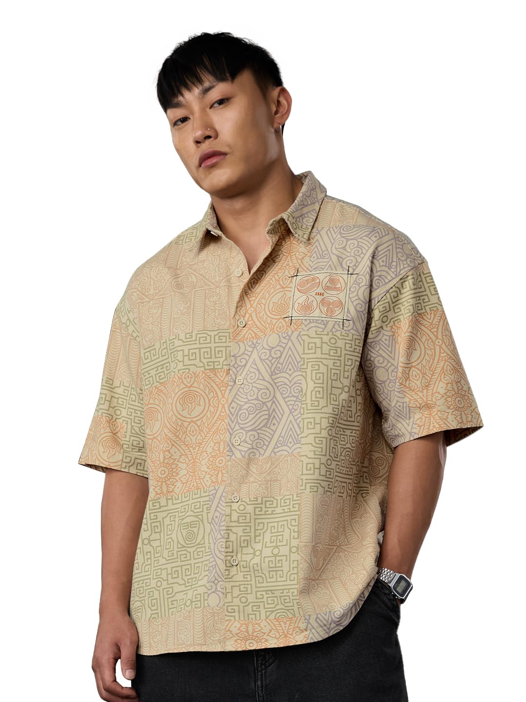 The Souled Store Avatar: Everythings Connected Men and Boys Short Sleeves Collared Neck Button Front Beige Graphic Printed Cott