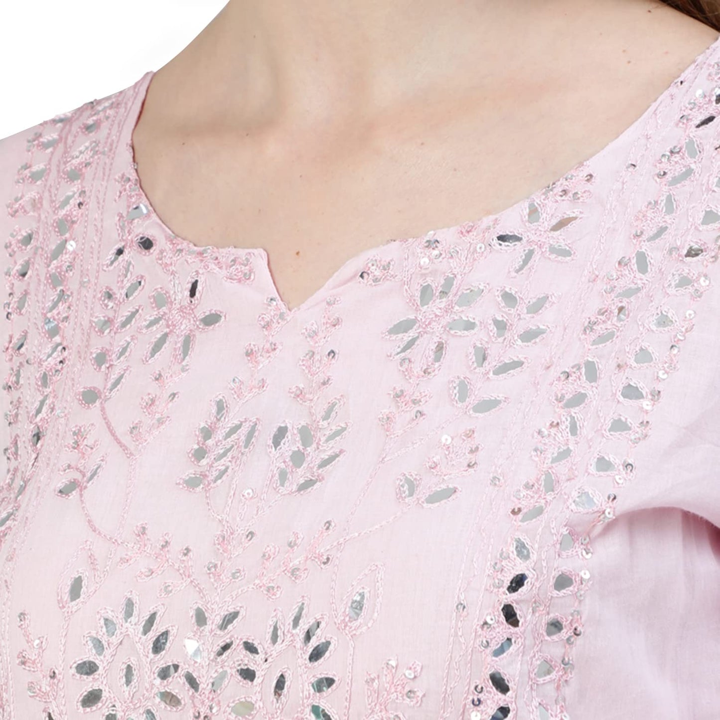 ishin Women's Cotton Anarkali Embroidered Sequins Ethnic Motifs Print Pink Kurti