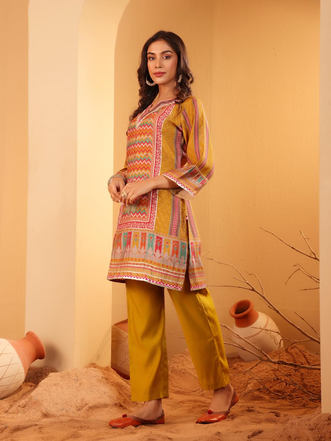 Varanga Women Mustard Ethnic Printed Straight Kurta With Trousers Cotton Set For Casual Outings, Stylish Design For All Occasio