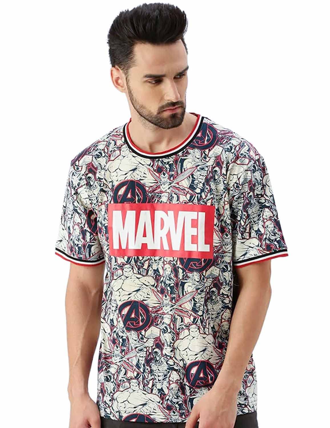 Veirdo Mens Original Marvel Avengers Typography Printed Oversized Short Sleeve Baggy Cotton Loose Fit T-Shirt