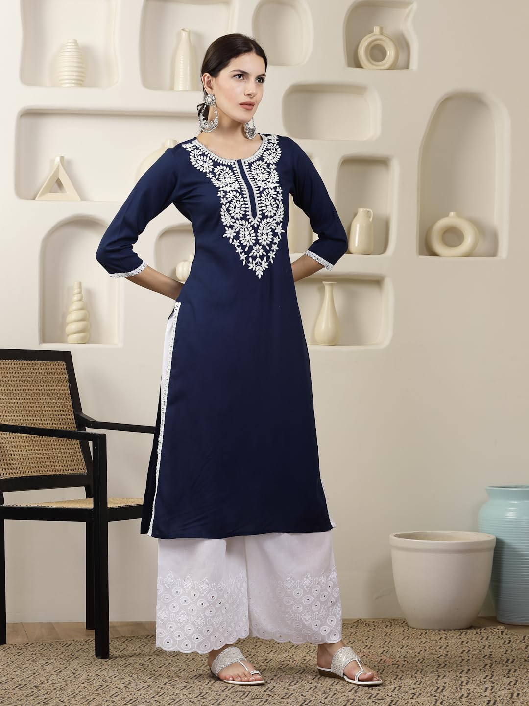 Stylum Women's Solid & Embroidered Rayon Straight Chicken Kurta (BLUEBLAST_Navy Blue)
