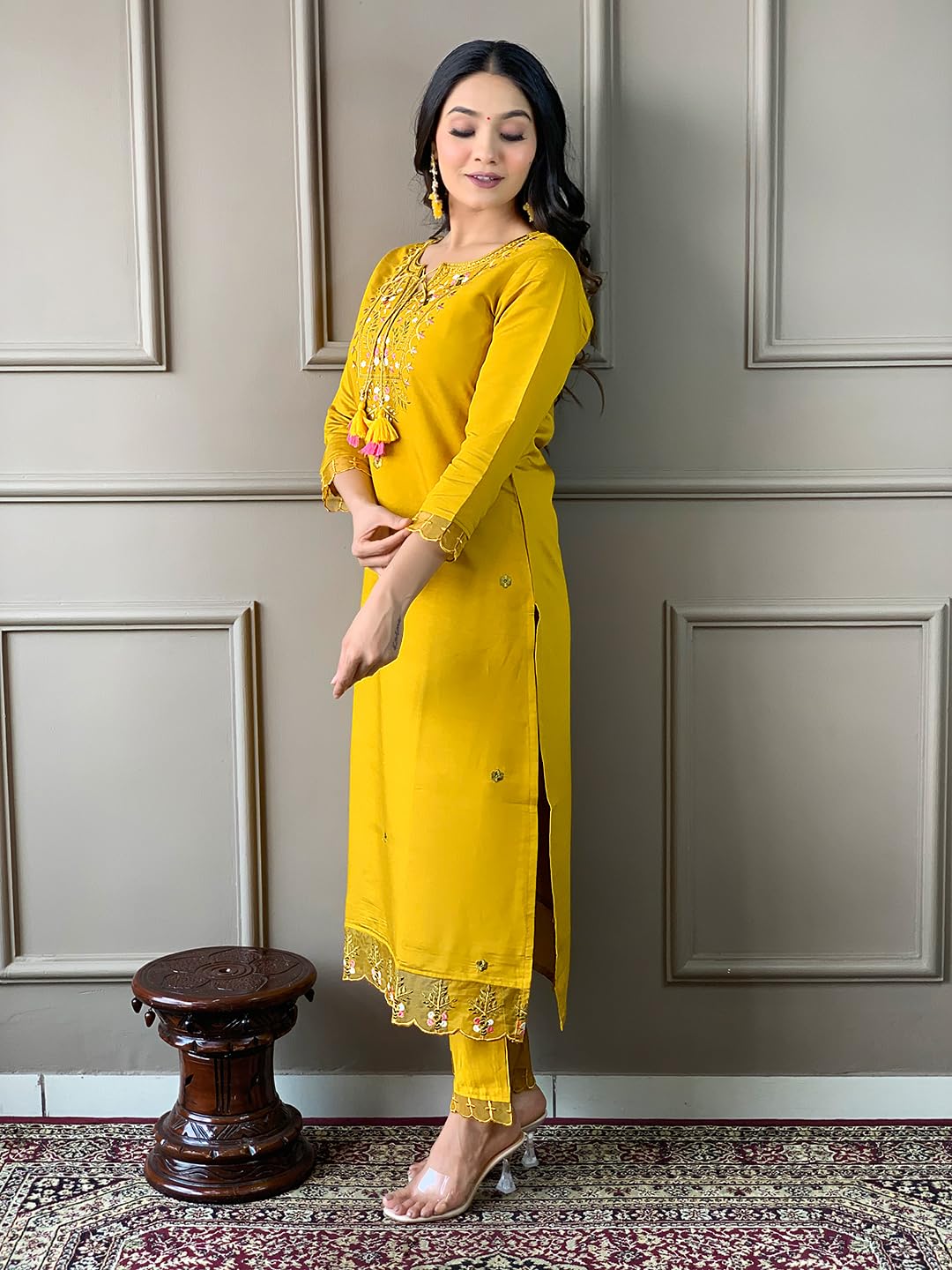 Naixa WomenS Pure Cotton Embroidered Straight Kurta With Pant And Dupatta Sets For Wedding And Festival Wear (Nx3-556-Mustard-X