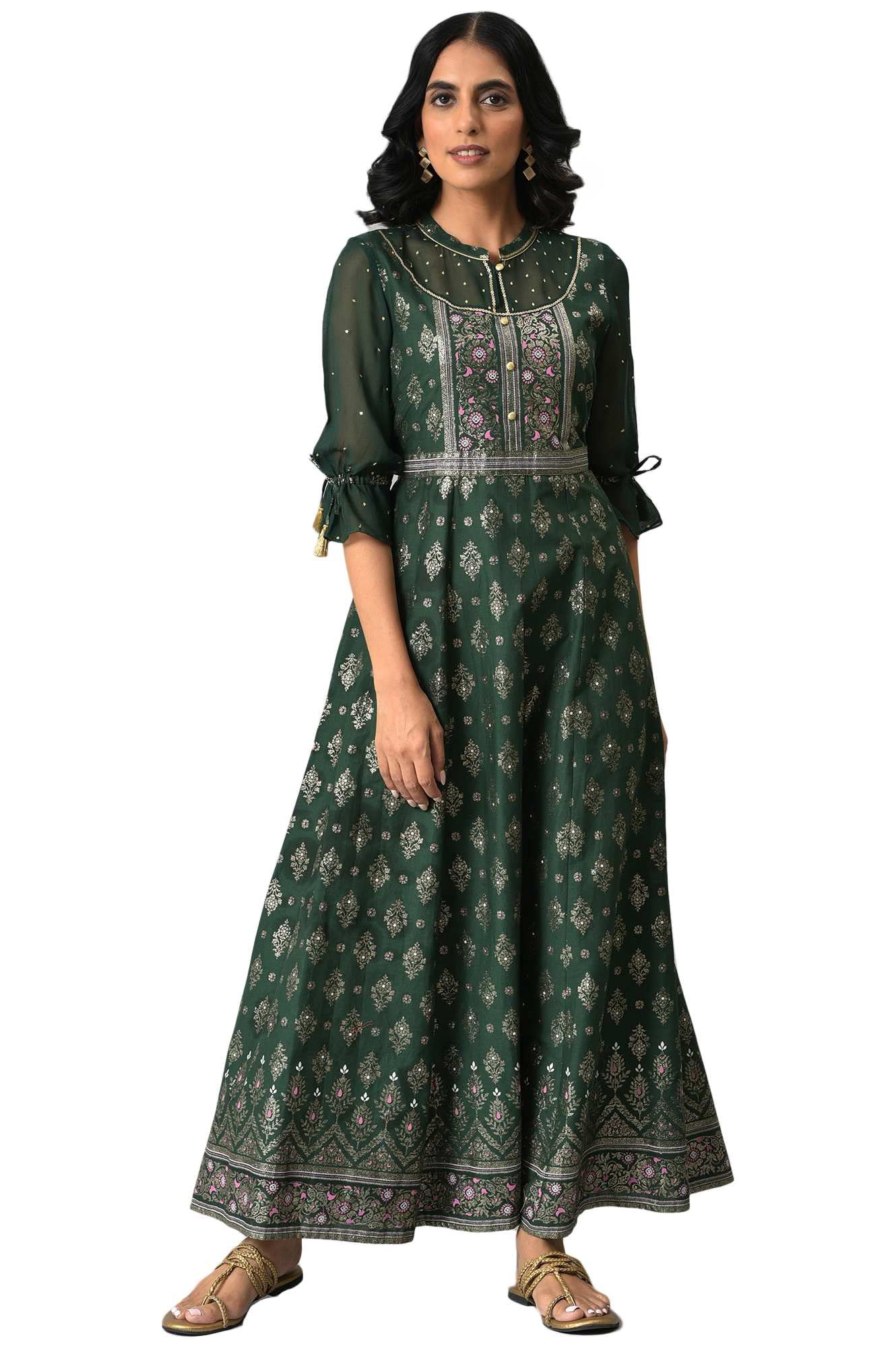 Aurelia WomenS Sequin Foil Anarkali Green Cotton Kurta