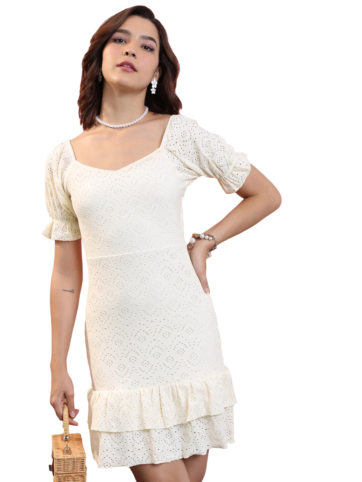 Ketch WomenS Polyester Fit And Flare Mini Dress (Khj6000536_Cream