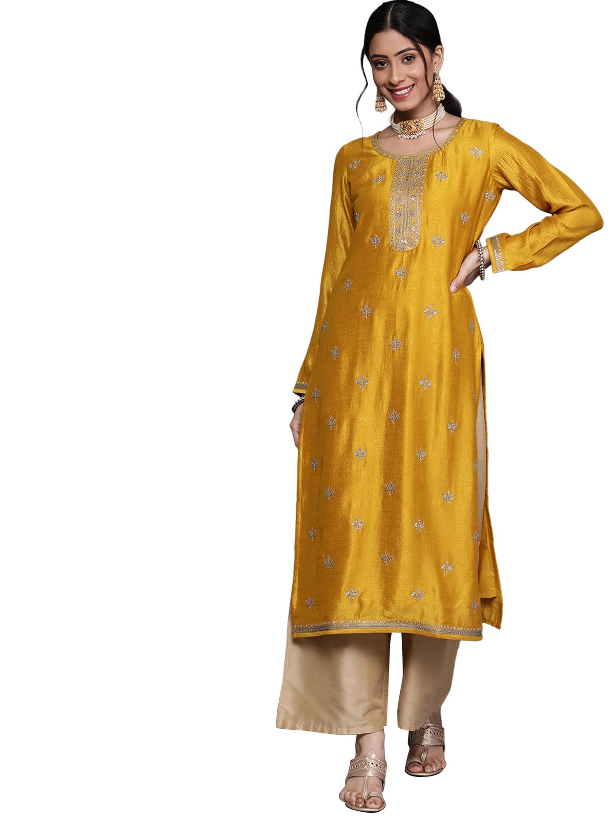 Libas Womens Silk Embellished Straight Kurta (23491O_Yellow