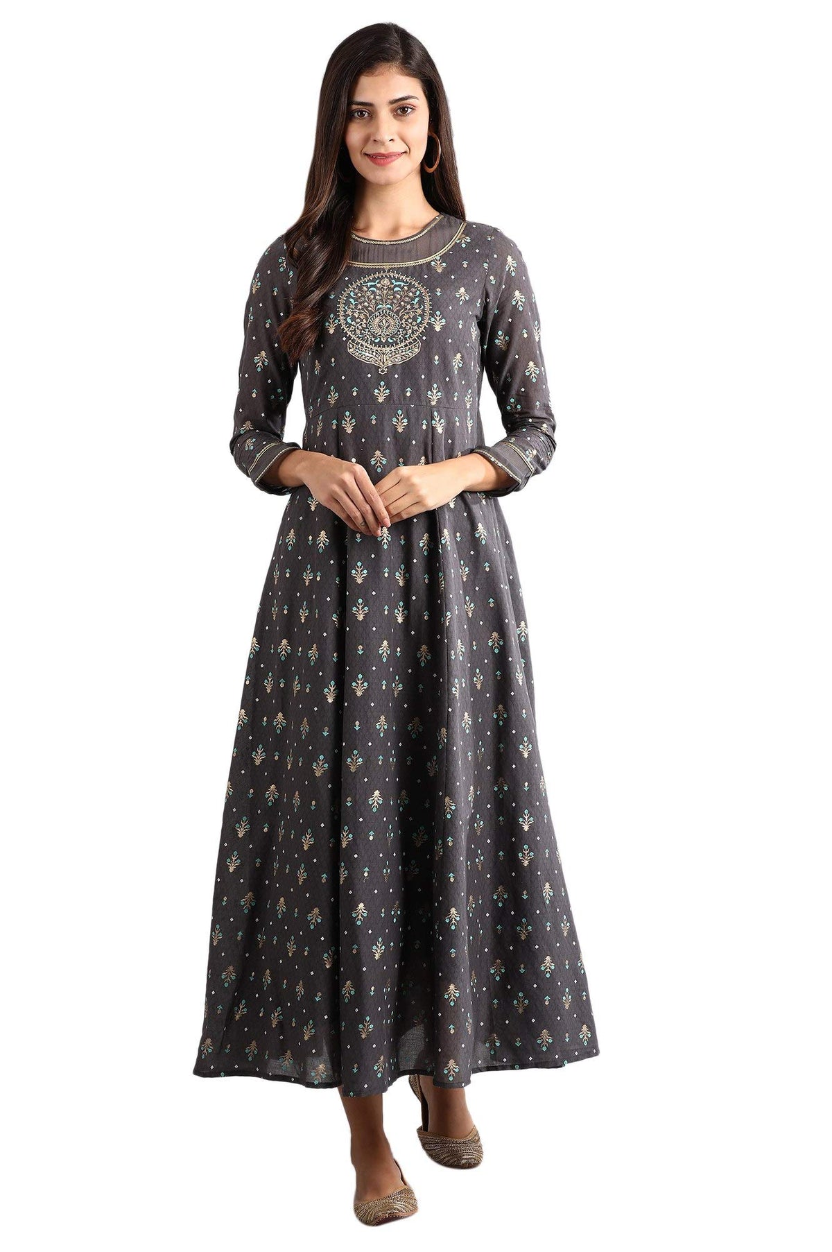 Aurelia Womens Polyester Grey Round Neck Printed Dress Calf Length