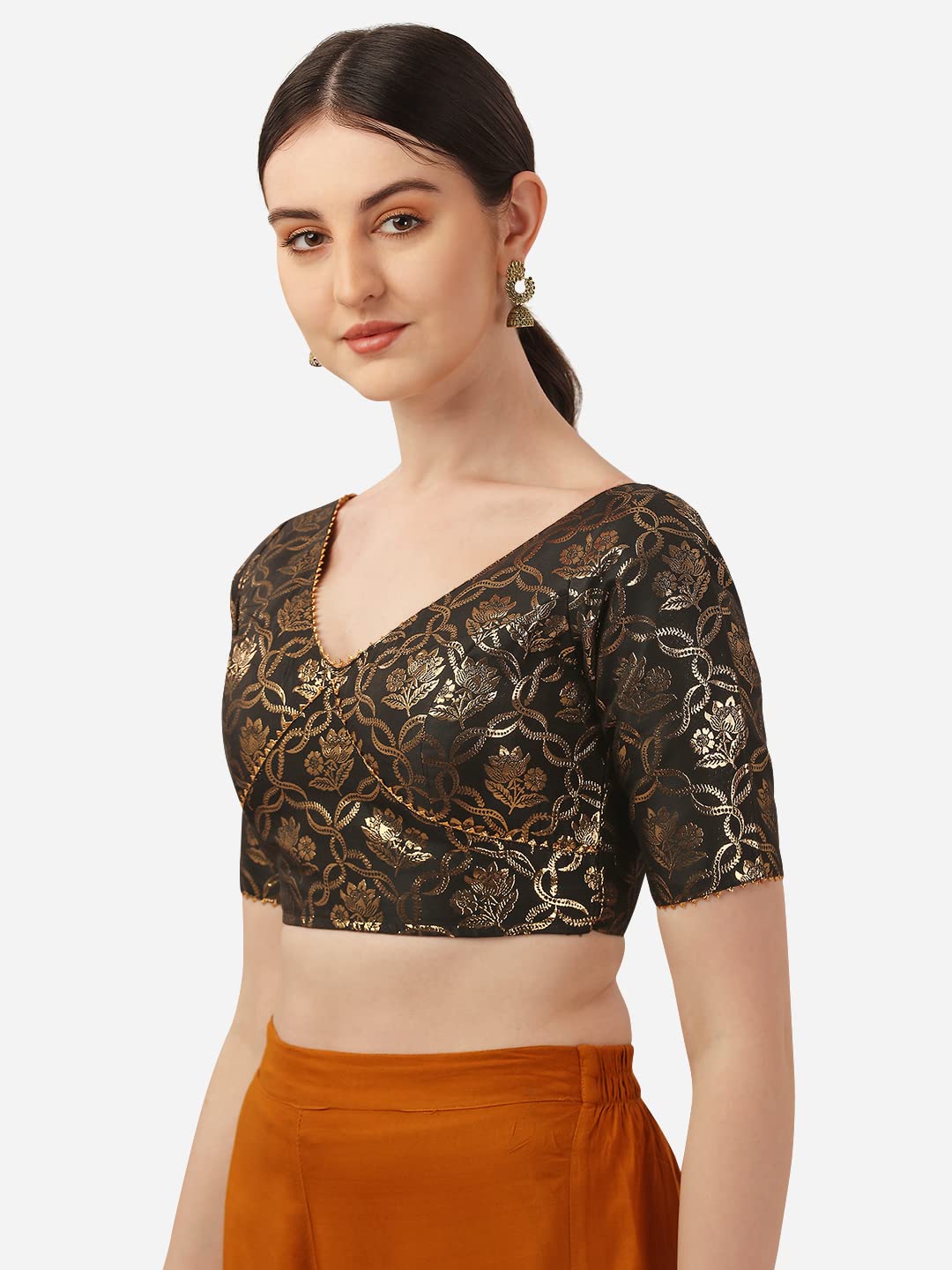 OOMPH! Womens Indian Ethnic Wear Designer Lace Work V Neck Half Sleeve Blouse for Saree or Lehnga and BlousePalazzos or Skirts