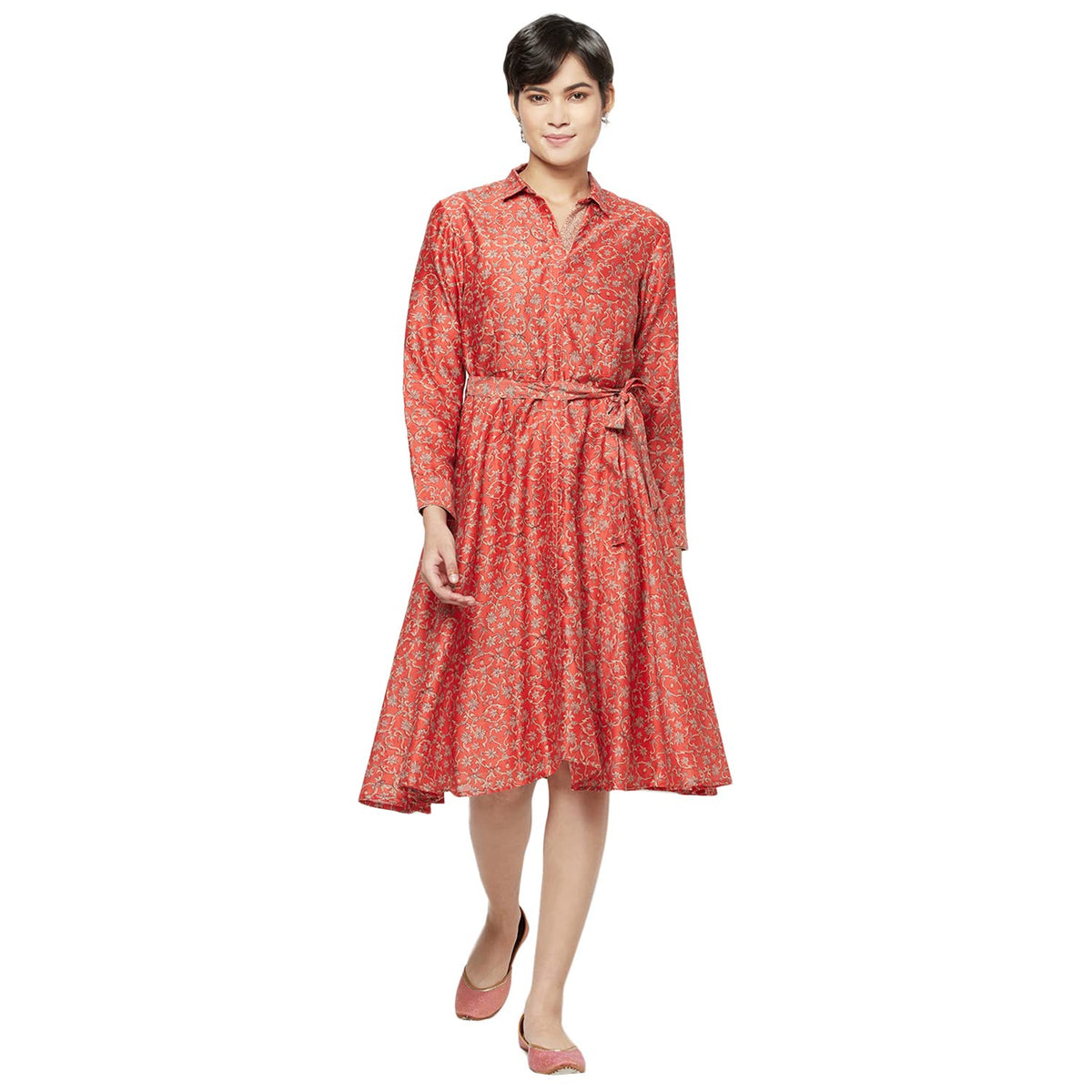 Fabindia WomenS Cotton Silk Calf Length Dress Orange_Xs