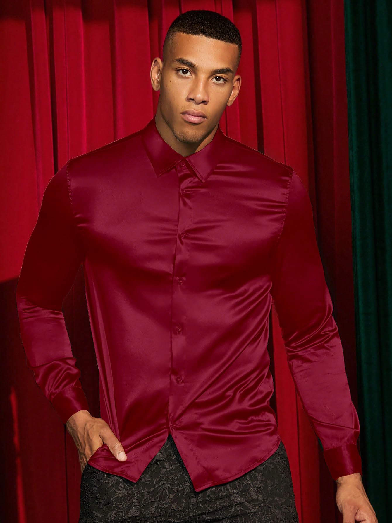 AVANOVA Mens Stylish Maroon Solid Satin Silk Casual Button Down Shirts Long Sleeve Shirt for Men Full Sleeves (Shirt 193 Maroon