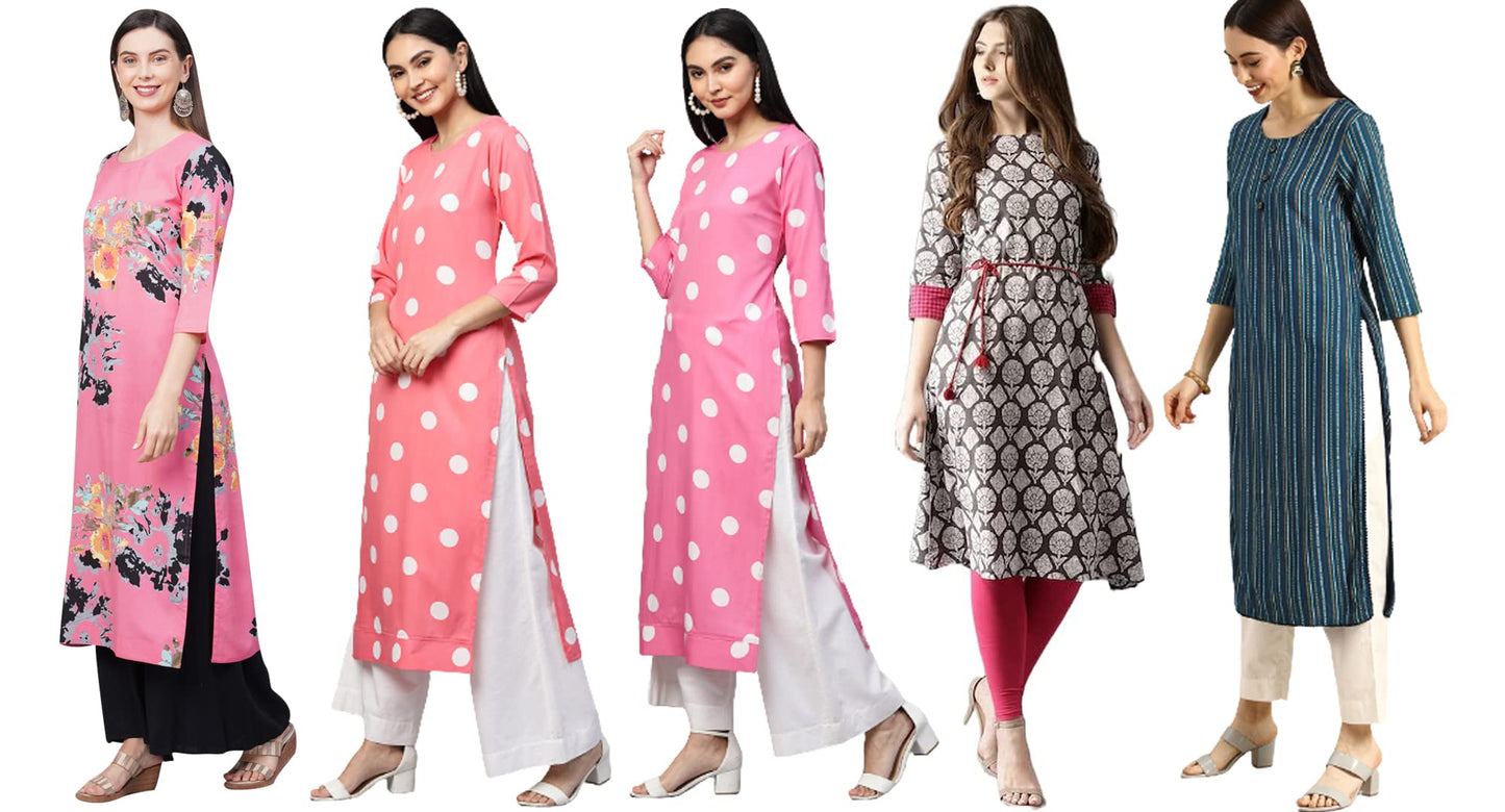 ANNI DESIGNER Women's Crepe Straight Printed Kurta Pack of 5 (Crepe-Combo-NW_010)