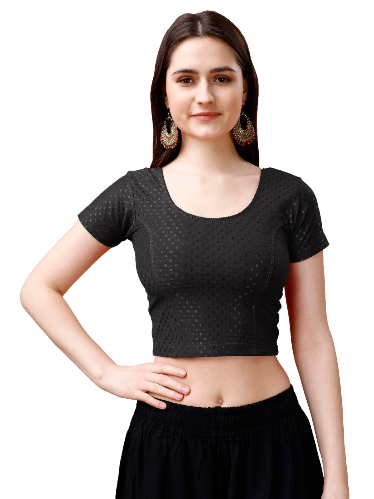 Pujia Mills WomenS Readymade Dobby Cotton Lycra Stretchable Round Neck Short Sleeve Blouse Fancy Black Color Lycra Stretchable