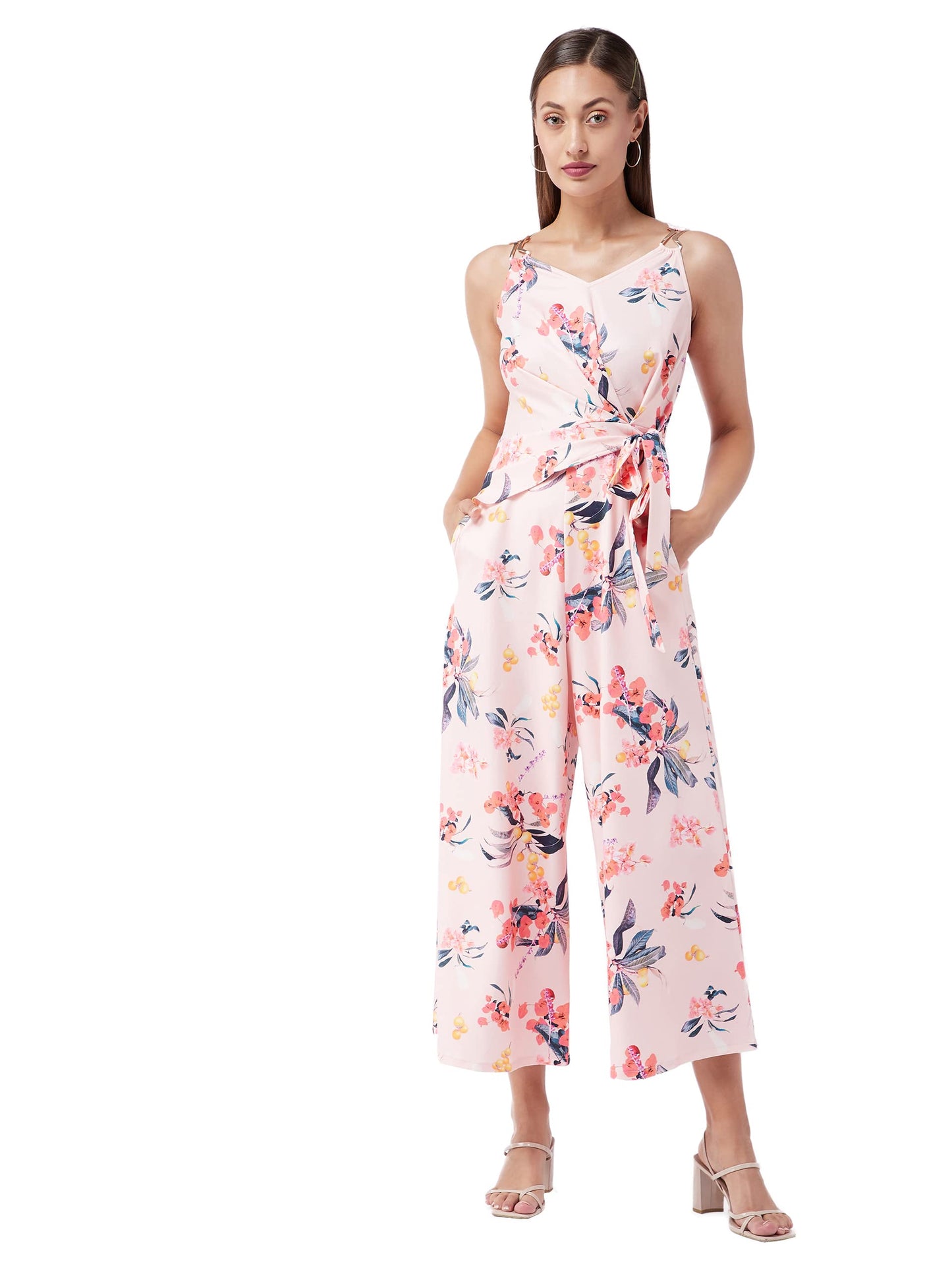 Miss Chase WomenS Peach V-Neck Sleeveless Floral Wrap Wide Leg Regular Length Jumpsuit (Mcaw21D04-92-192-04,Multicoloured Base-P