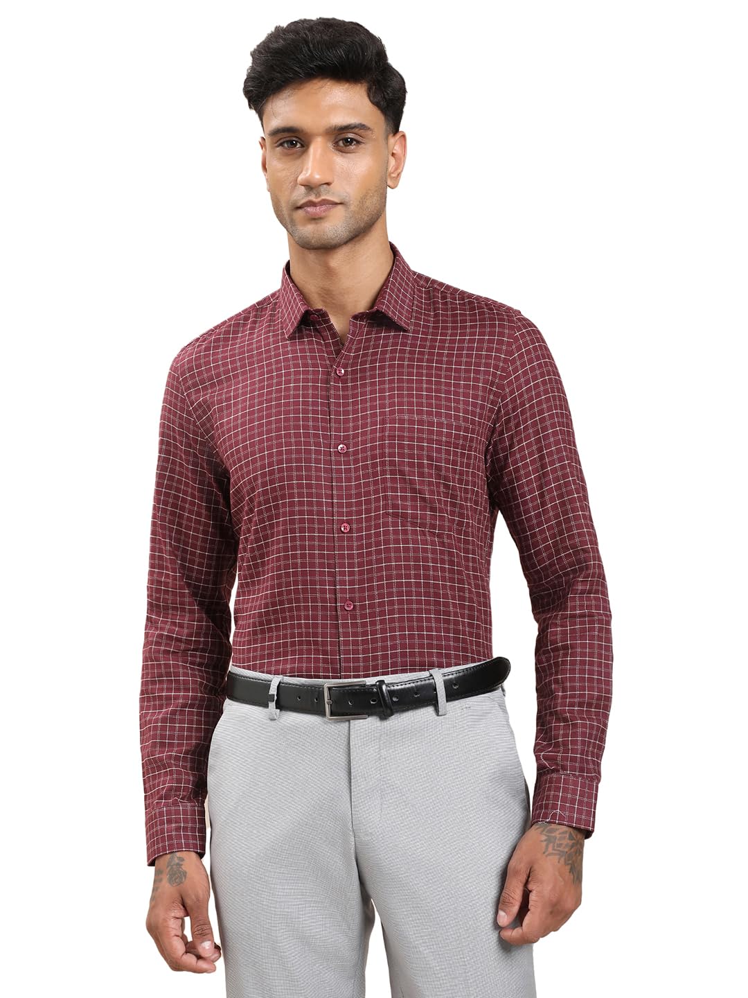 Turtle Men Maroon Slim Fit Checkered Pure Cotton Formal Shirt