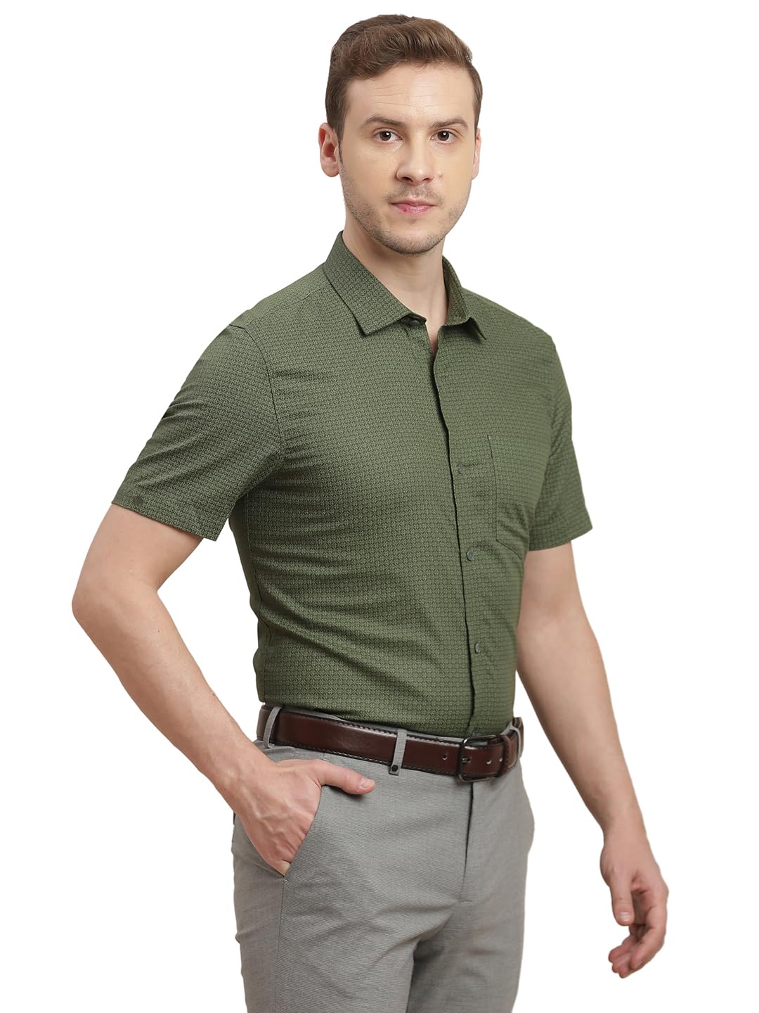 Turtle Men Green Slim Fit Printed Pure Cotton Formal Shirt