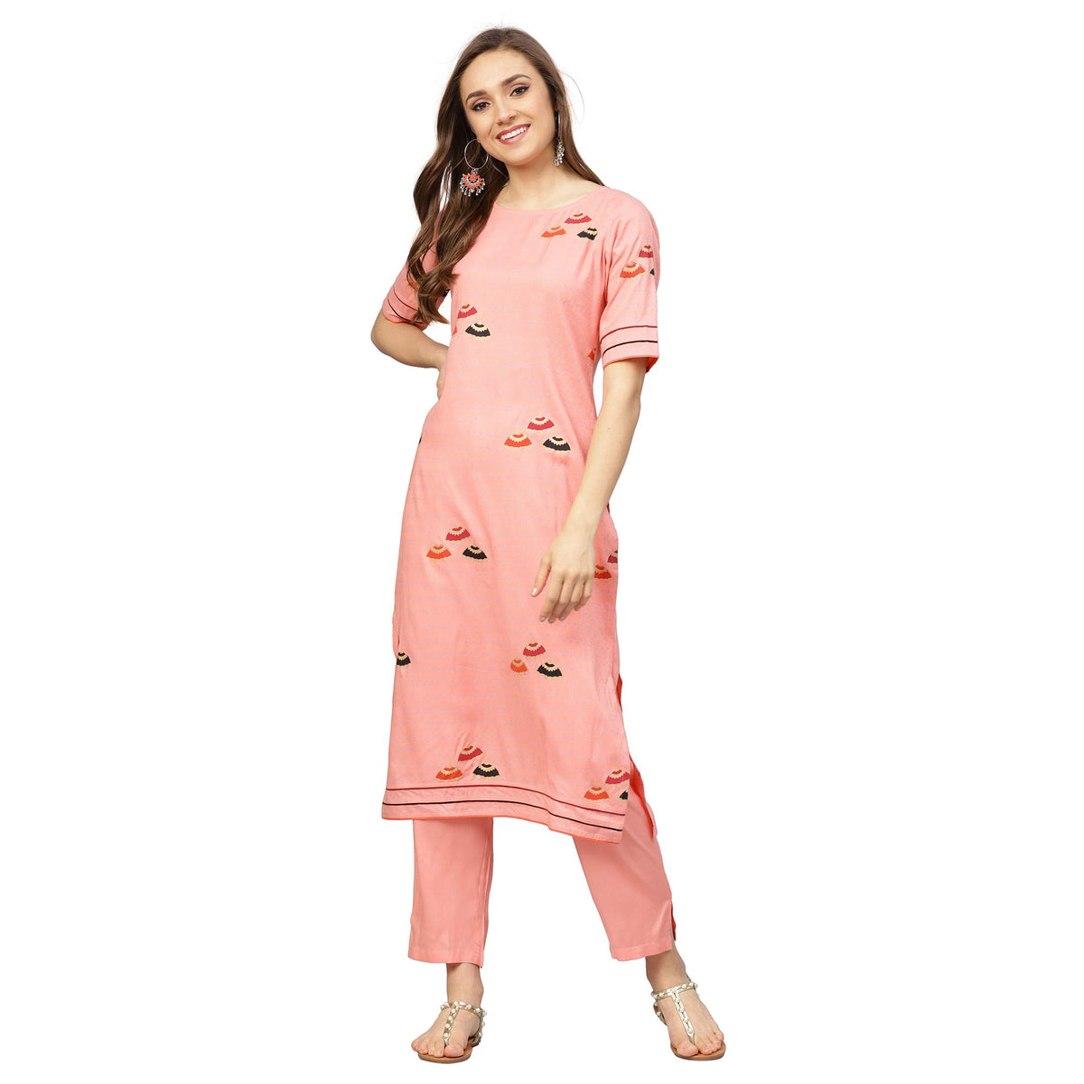 idaLia Womens Peach Umbrella Print Rayon Kurta with Pants