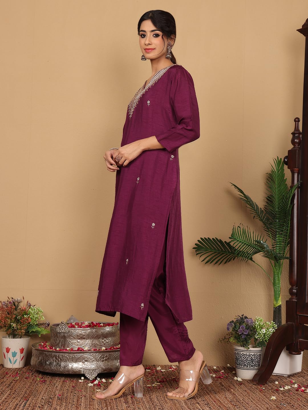 Varanga Women Pure Silk Purple Zari Embroidered Kurta with Bottom and Dupatta