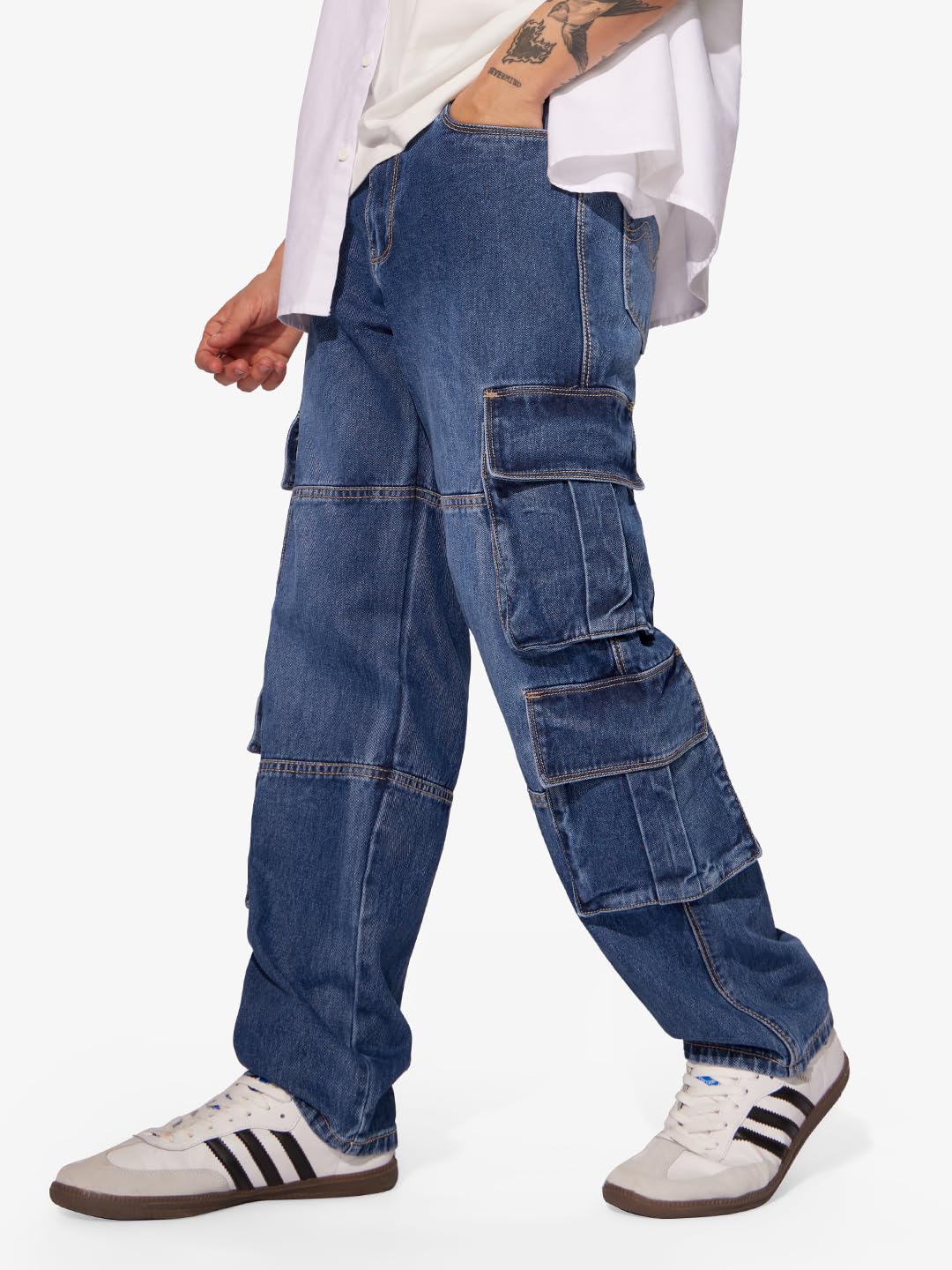 The Souled Store Denim: Washed Blue Men and Boys Buttoned Baggy Fit Cargo Jeans